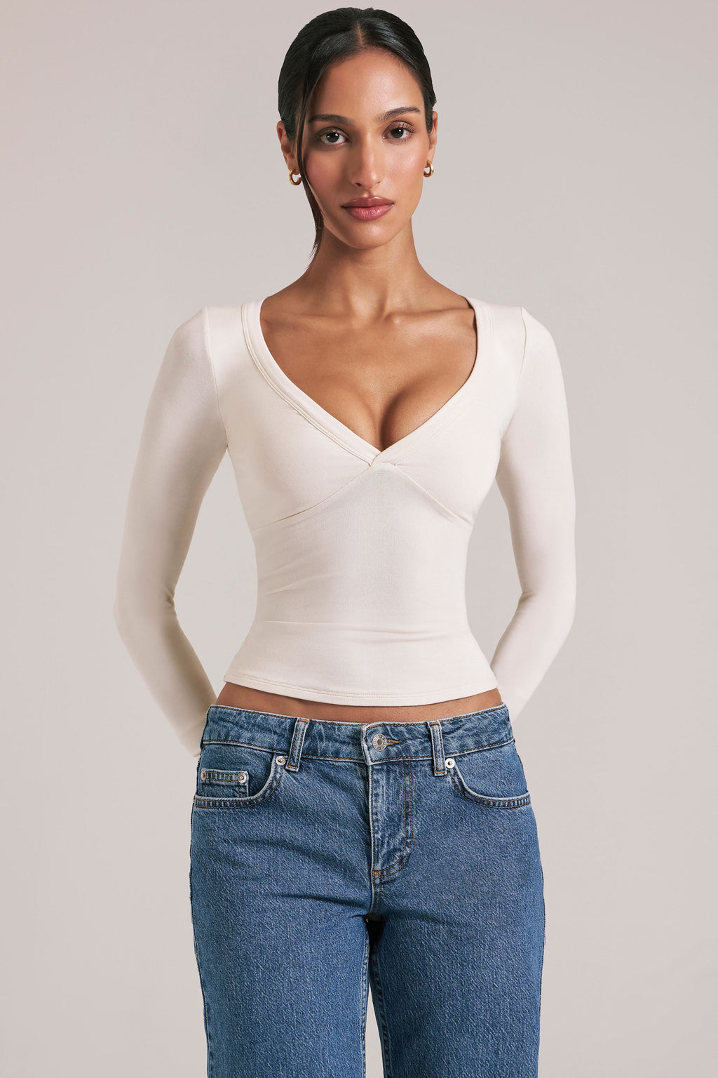 V-Neck Long-Sleeve Top  in Ivory