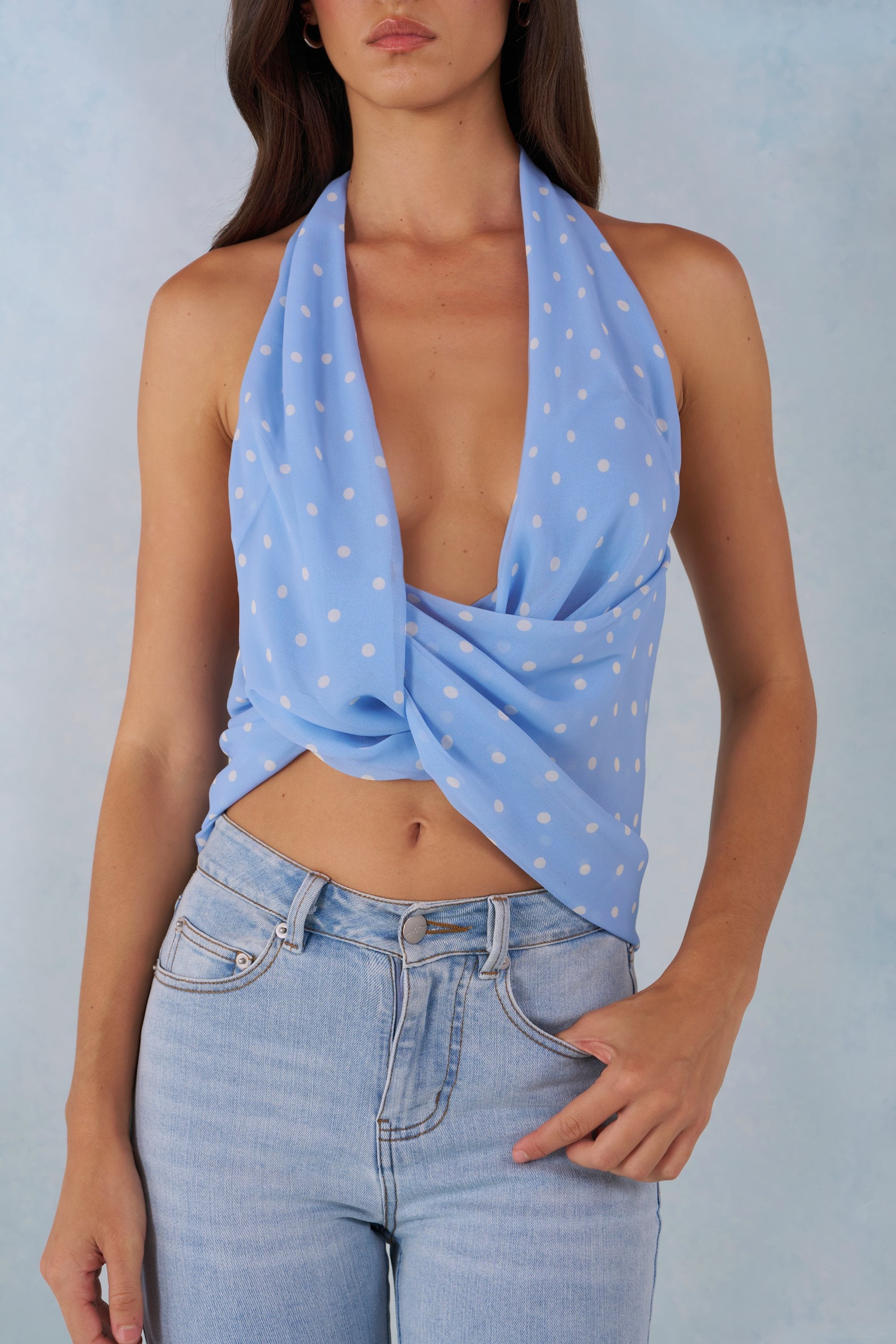 Deep Plunge Halterneck Top in Blue Polka Dot Print