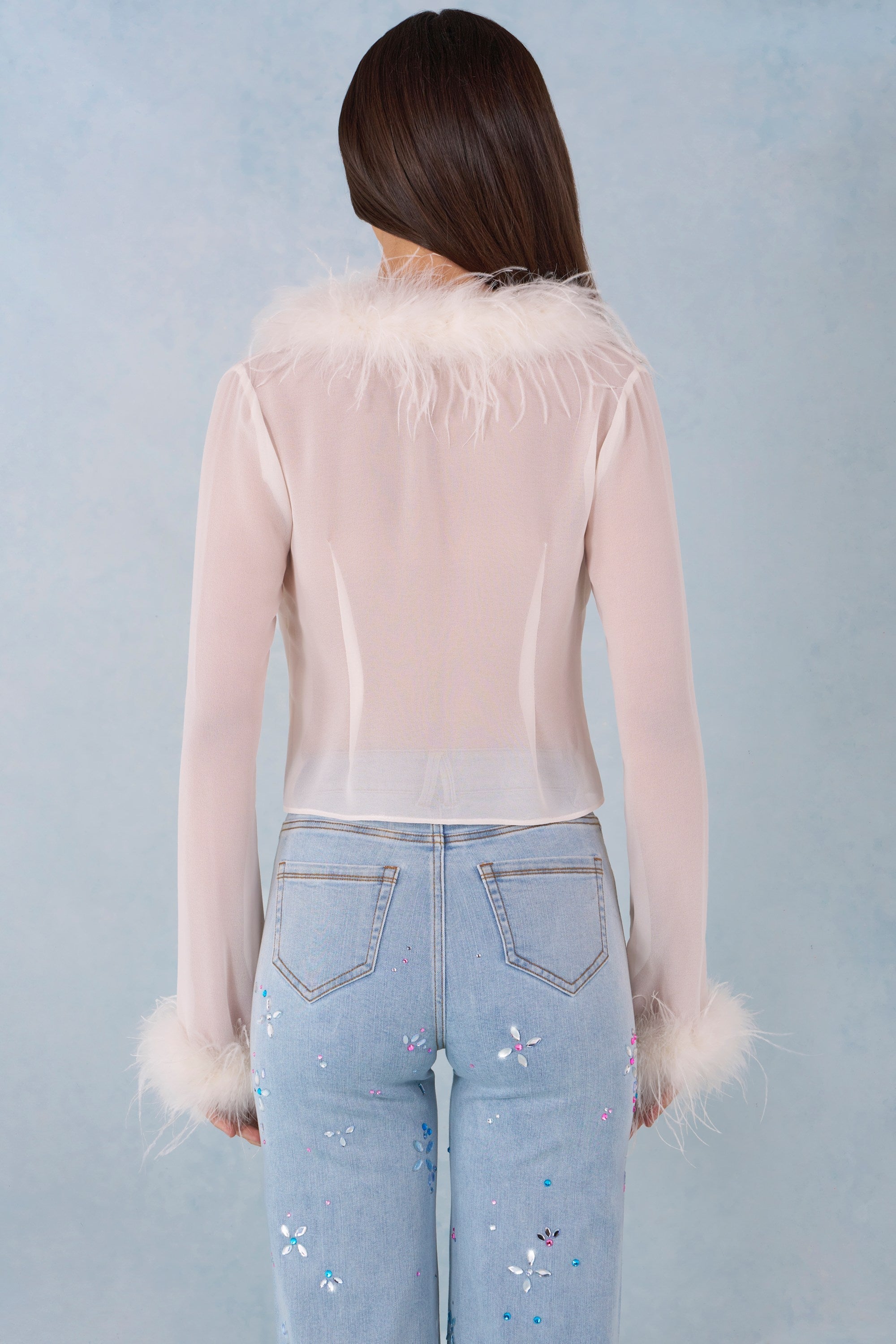 Faux Fur-Trim Sheer Top in Ivory