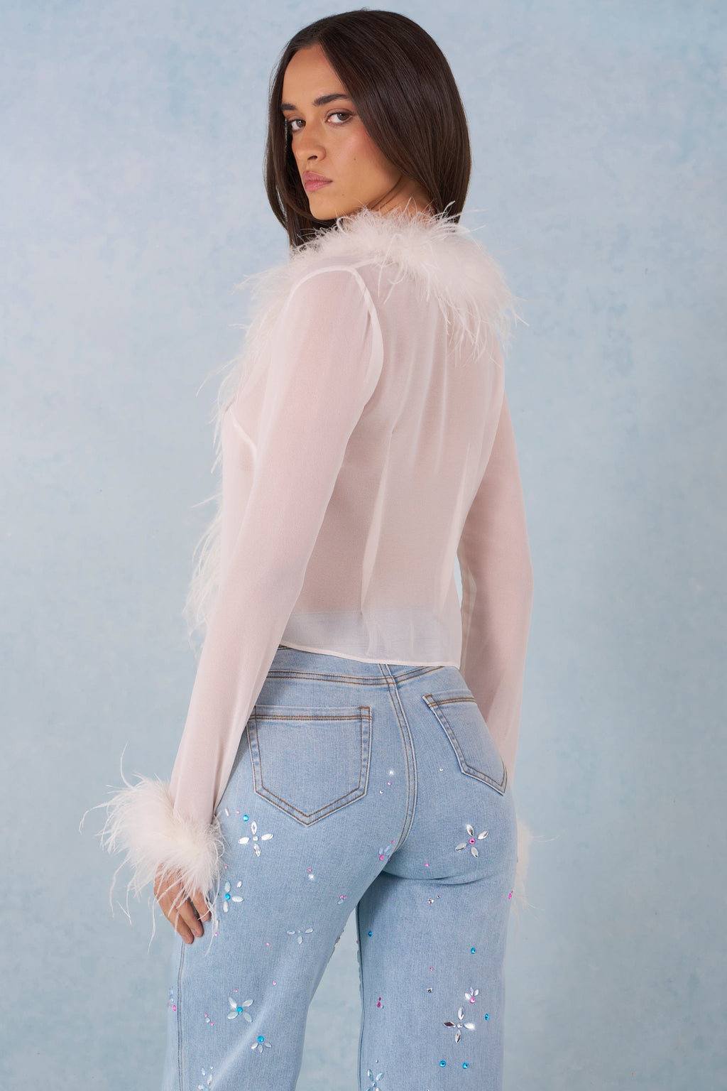 Faux Fur-Trim Sheer Top in Ivory