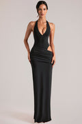 Deep Plunge Halterneck Maxi Dress in Black