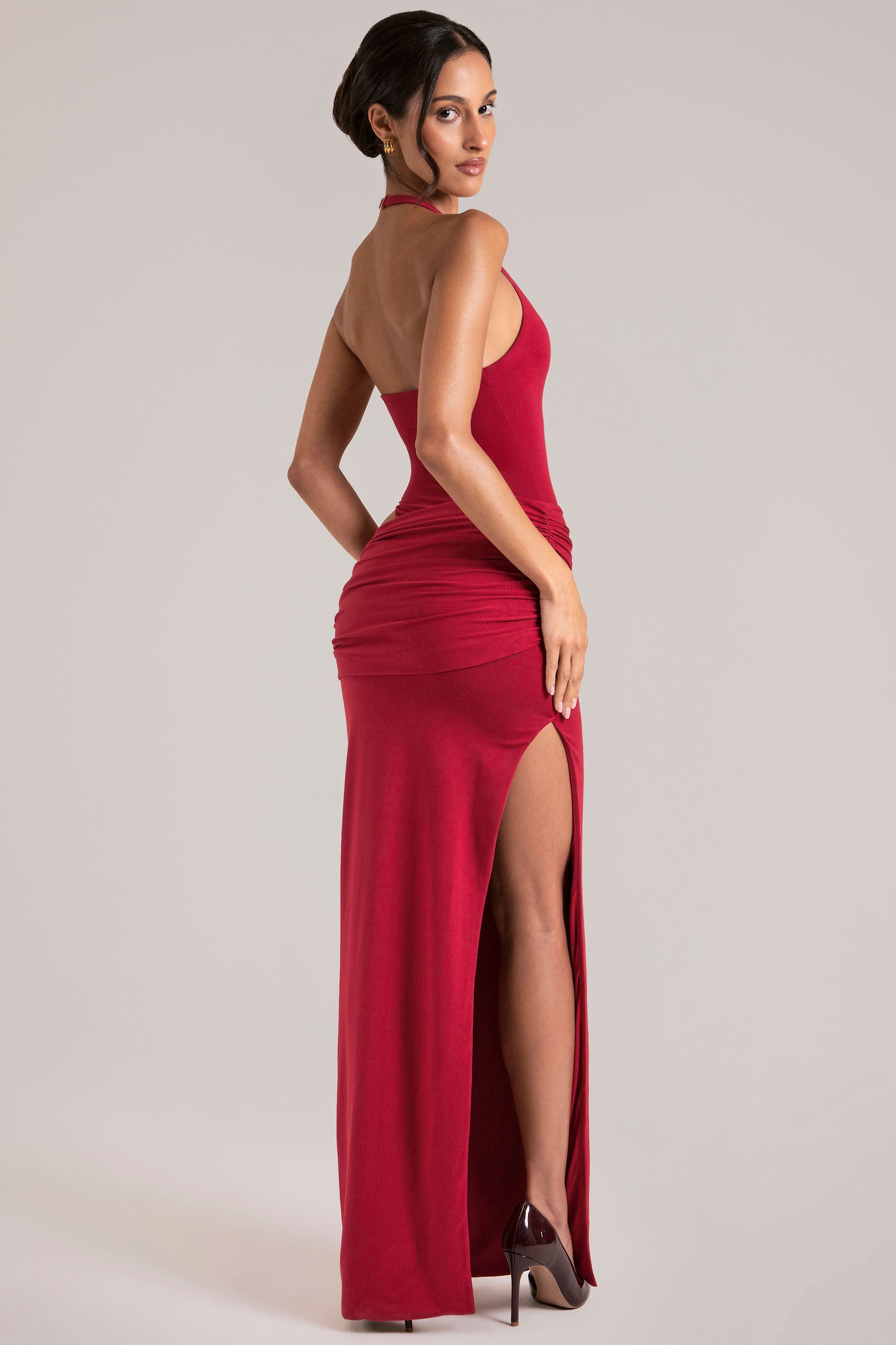Deep Plunge Halterneck Maxi Dress in Cherry Red