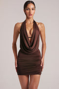 Draped Cowl Mini Dress in Chocolate Brown