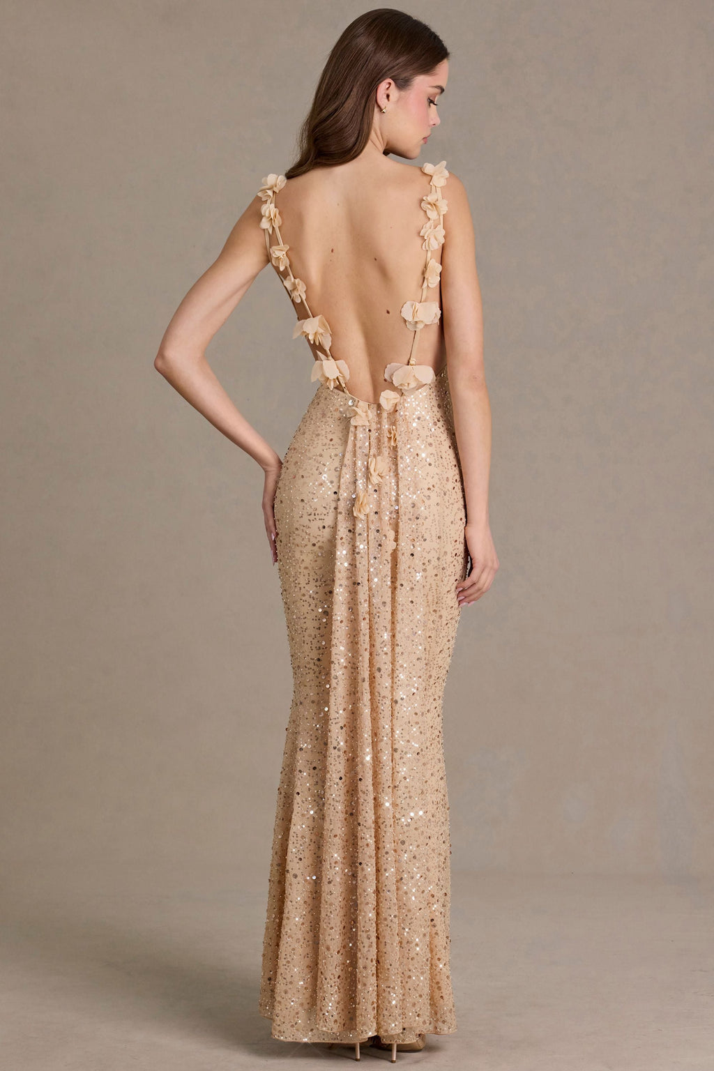Premium Embellished Open-Back Maxi Dress in Gold