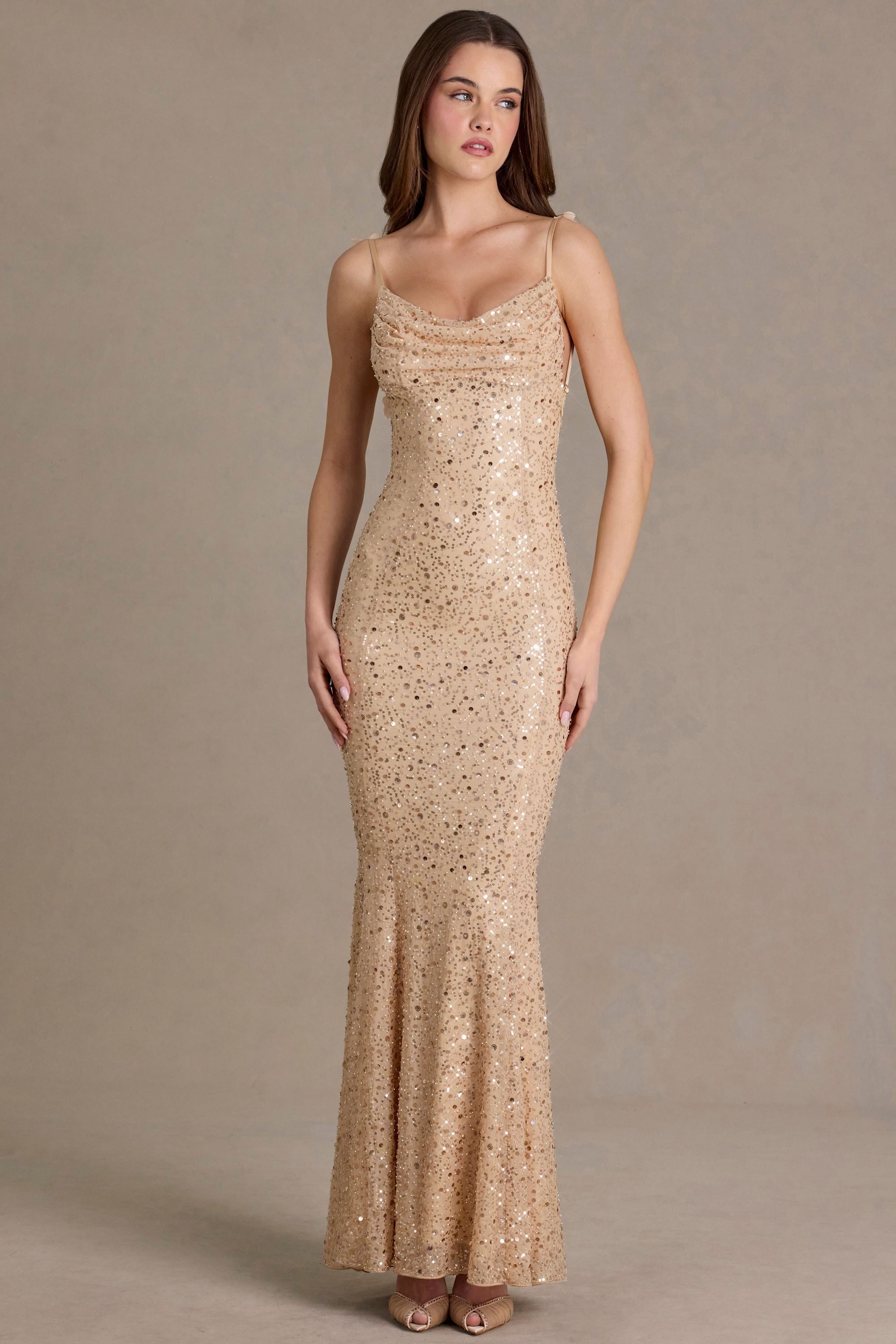 Premium Embellished Open-Back Maxi Dress in Gold