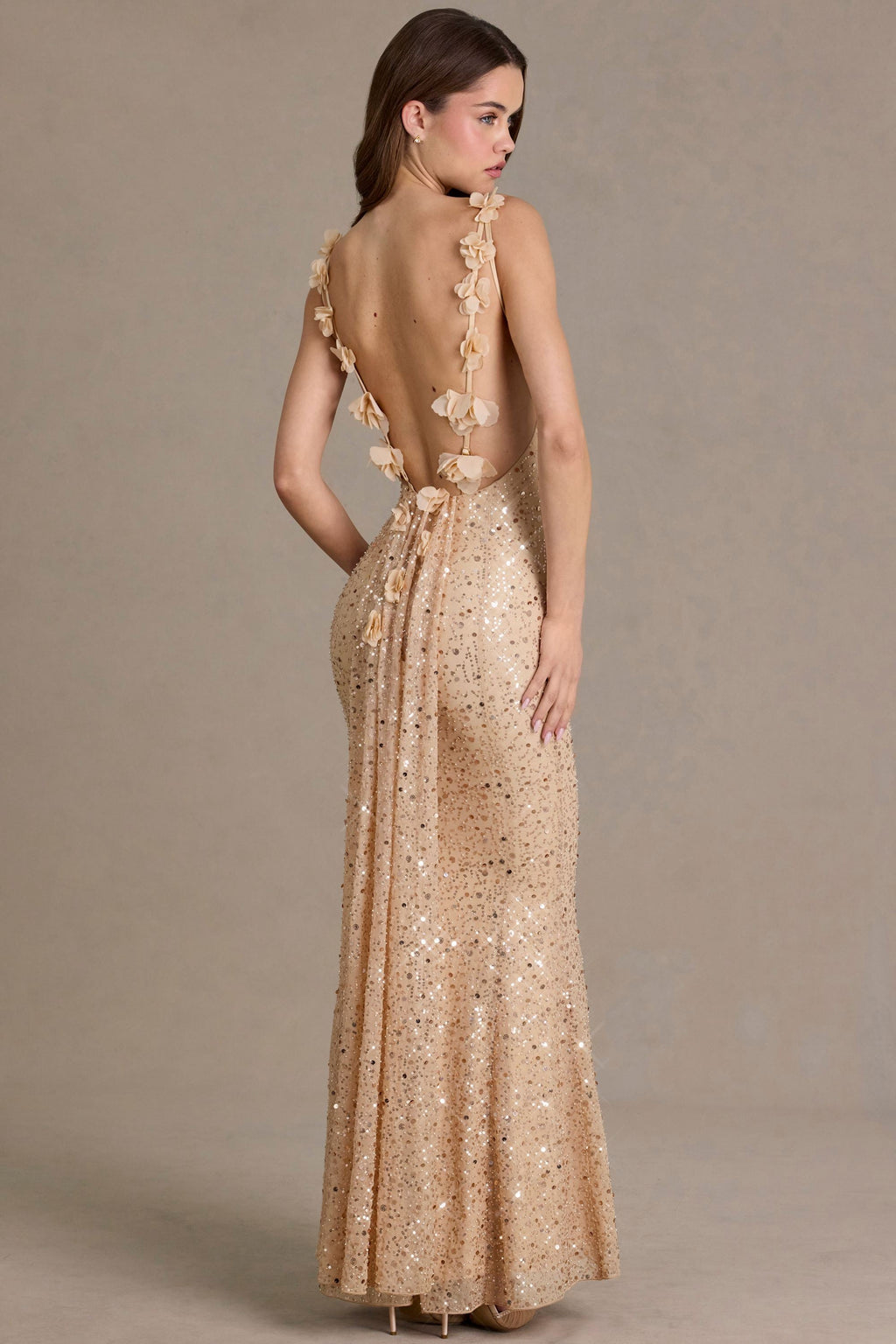 Premium Embellished Open-Back Maxi Dress in Gold
