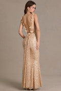 Premium Embellished Open-Back Maxi Dress in Gold