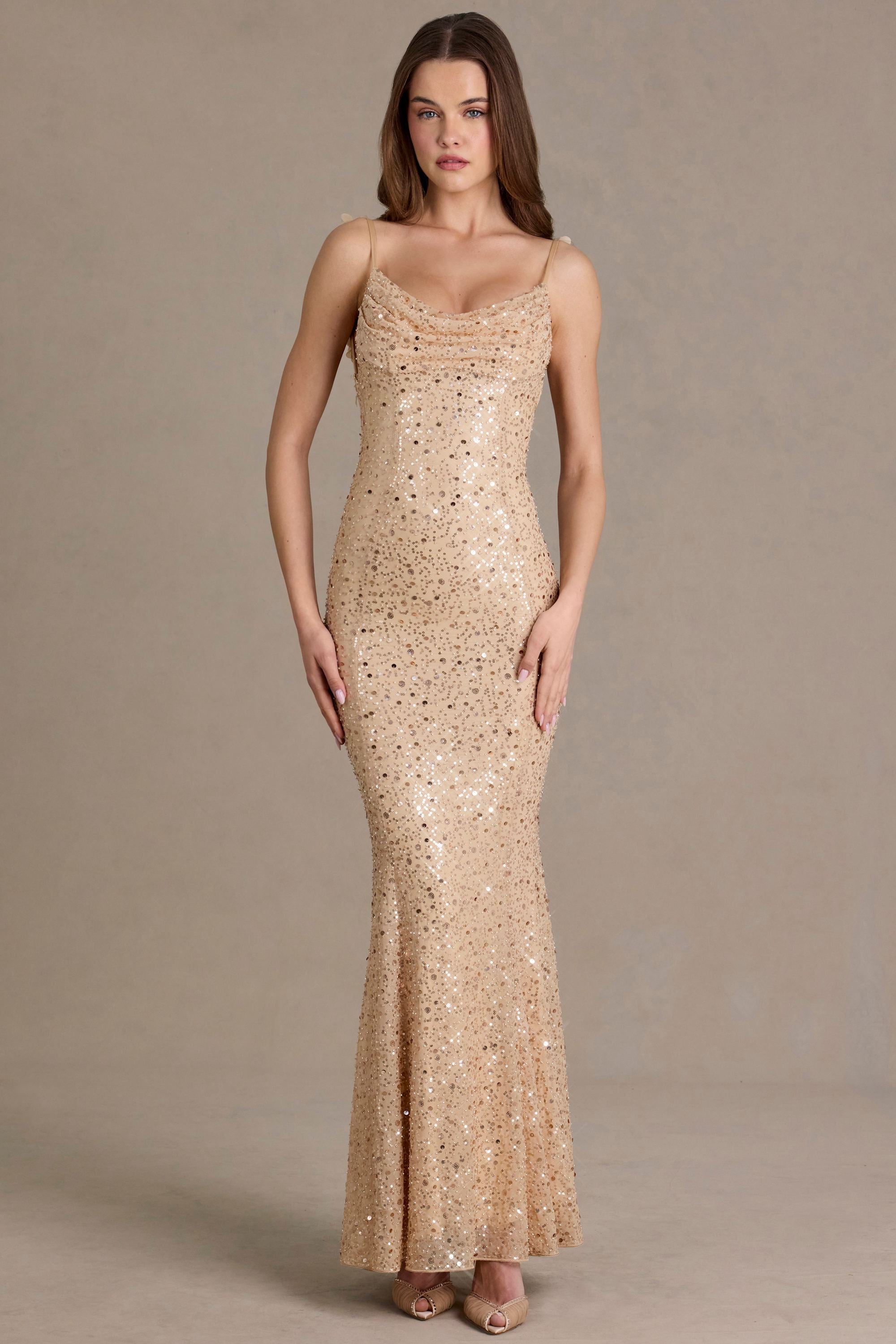 Premium Embellished Open-Back Maxi Dress in Gold
