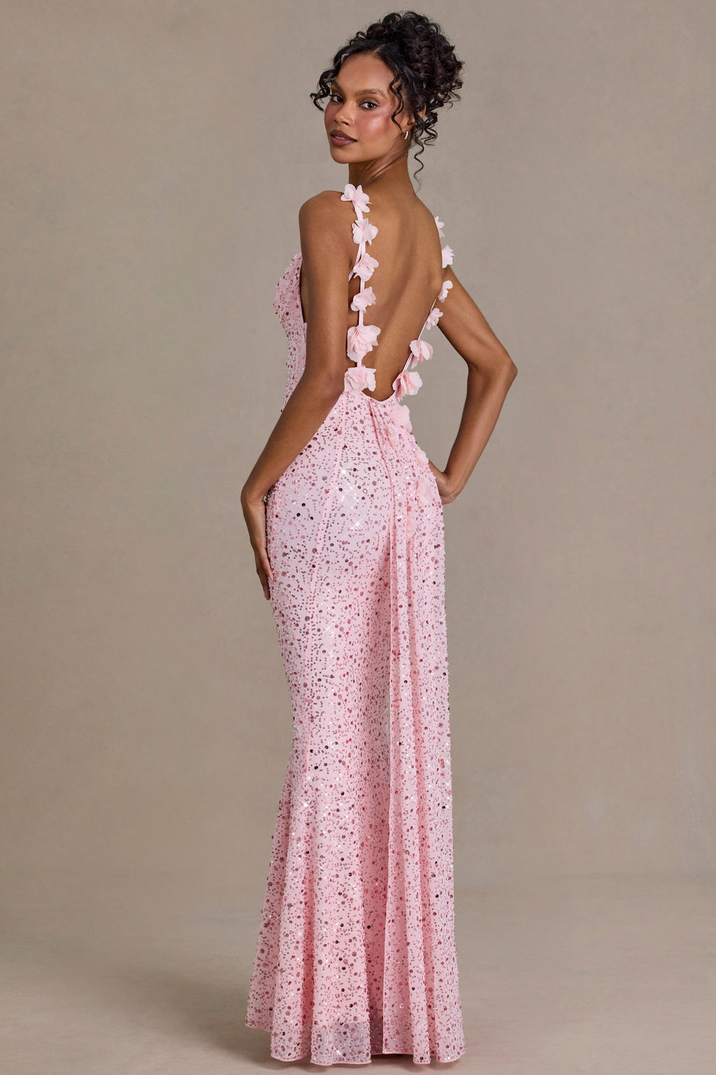 Premium Embellished Open-Back Maxi Dress in Baby Pink
