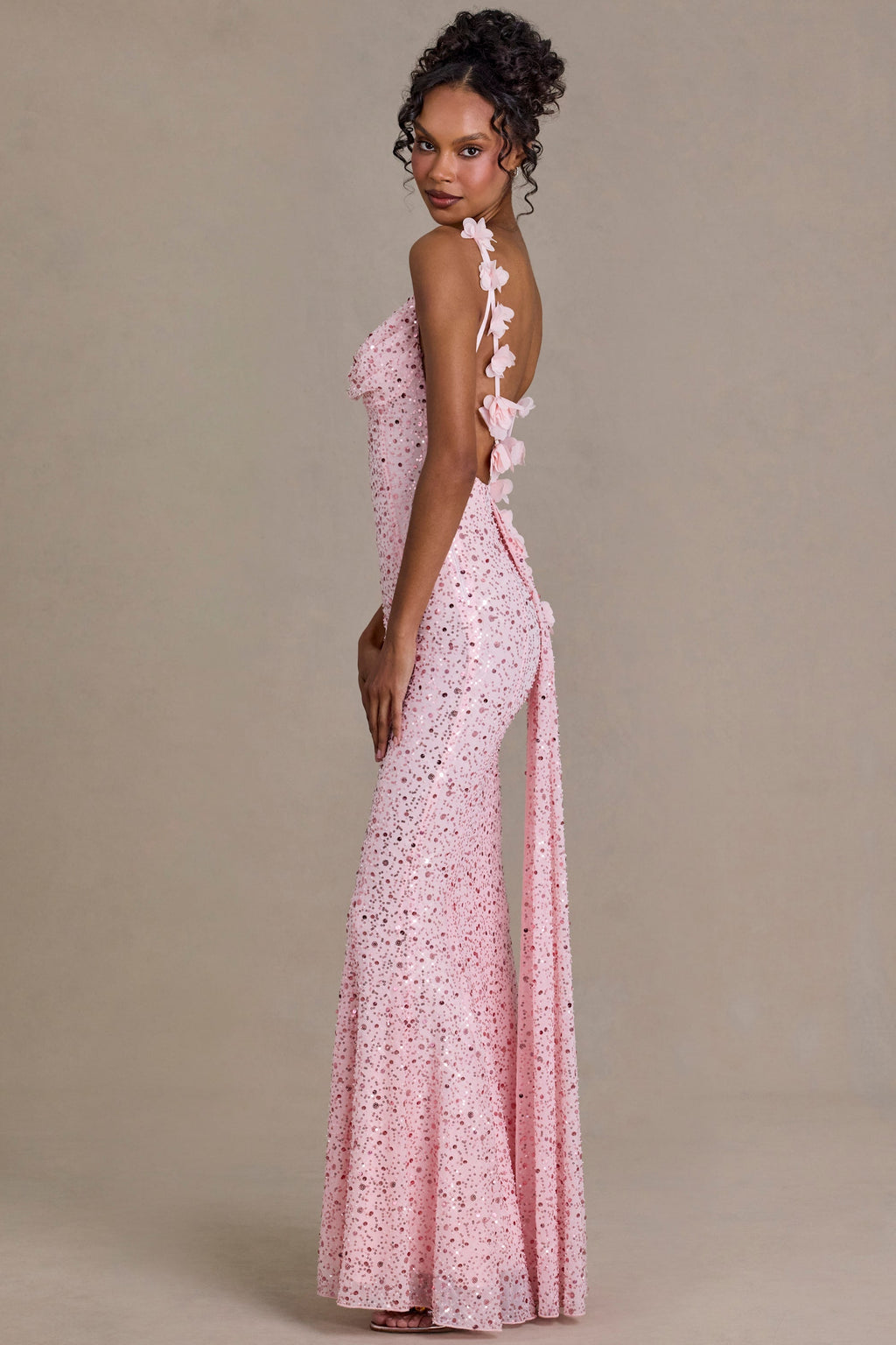 Premium Embellished Open-Back Maxi Dress in Baby Pink