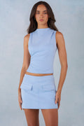 Faux Suede Turtleneck Top  in Soft Blue