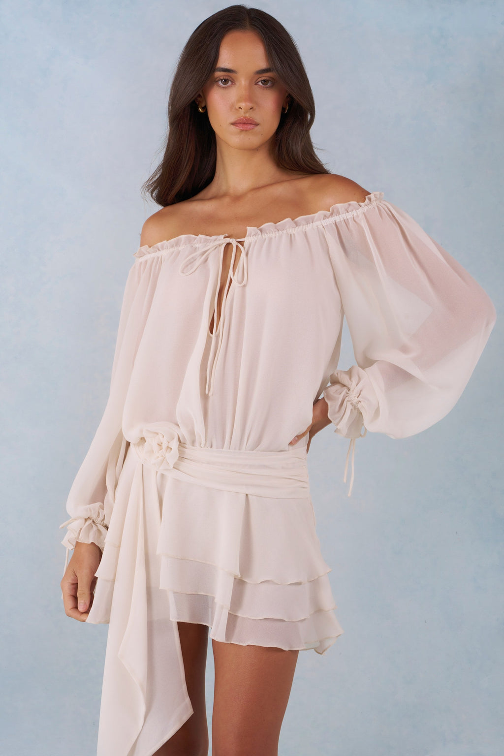 Off-Shoulder Balloon-Sleeve Mini Dress in Ivory