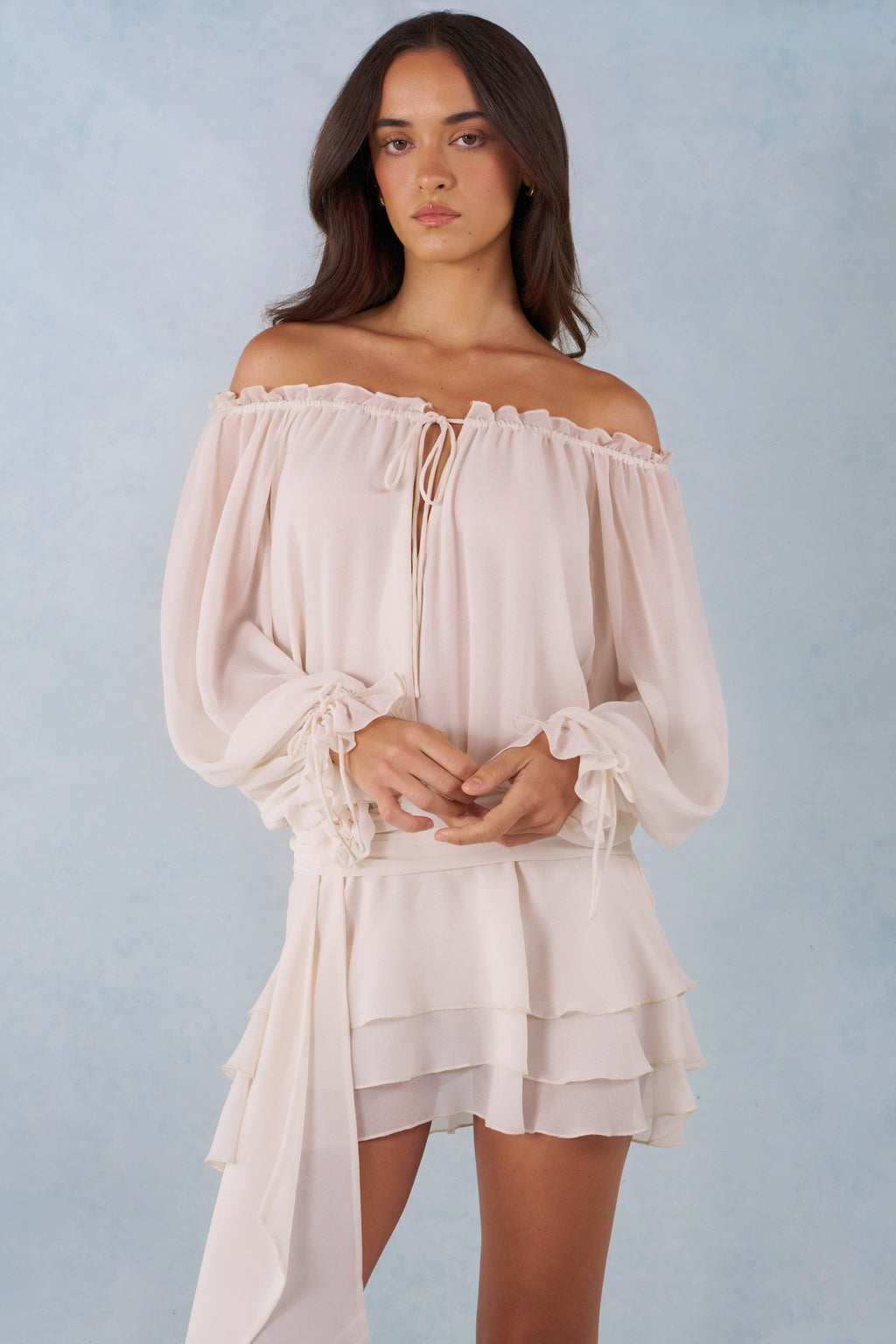 Off-Shoulder Balloon-Sleeve Mini Dress in Ivory