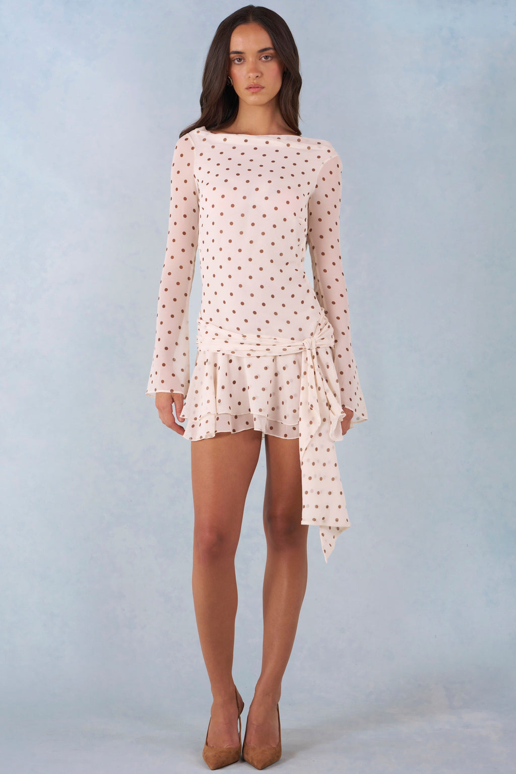 Long-Sleeve Open-Back Mini Dress in Ivory Polka Dot Print