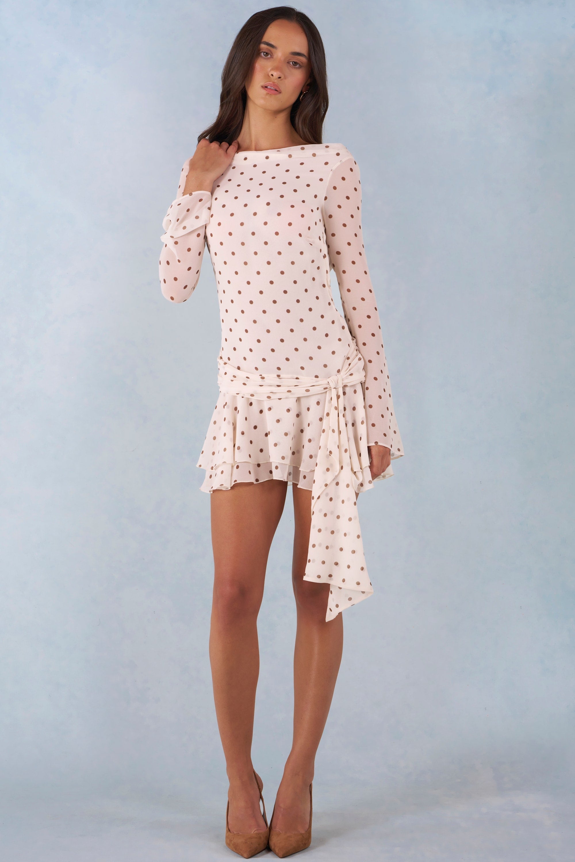 Long-Sleeve Open-Back Mini Dress in Ivory Polka Dot Print