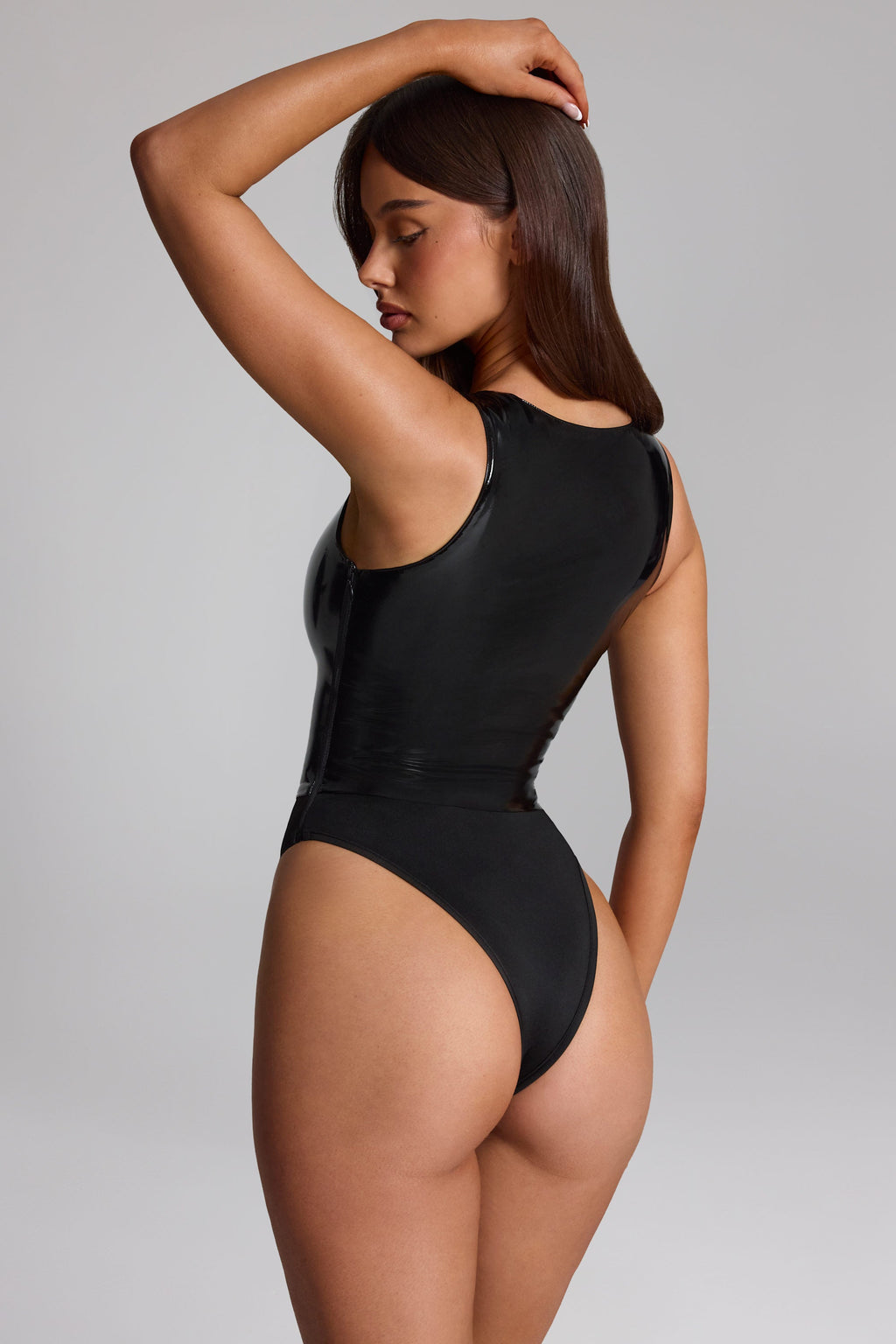Glossy Vinyl Plunge-Neck Bodysuit in Black