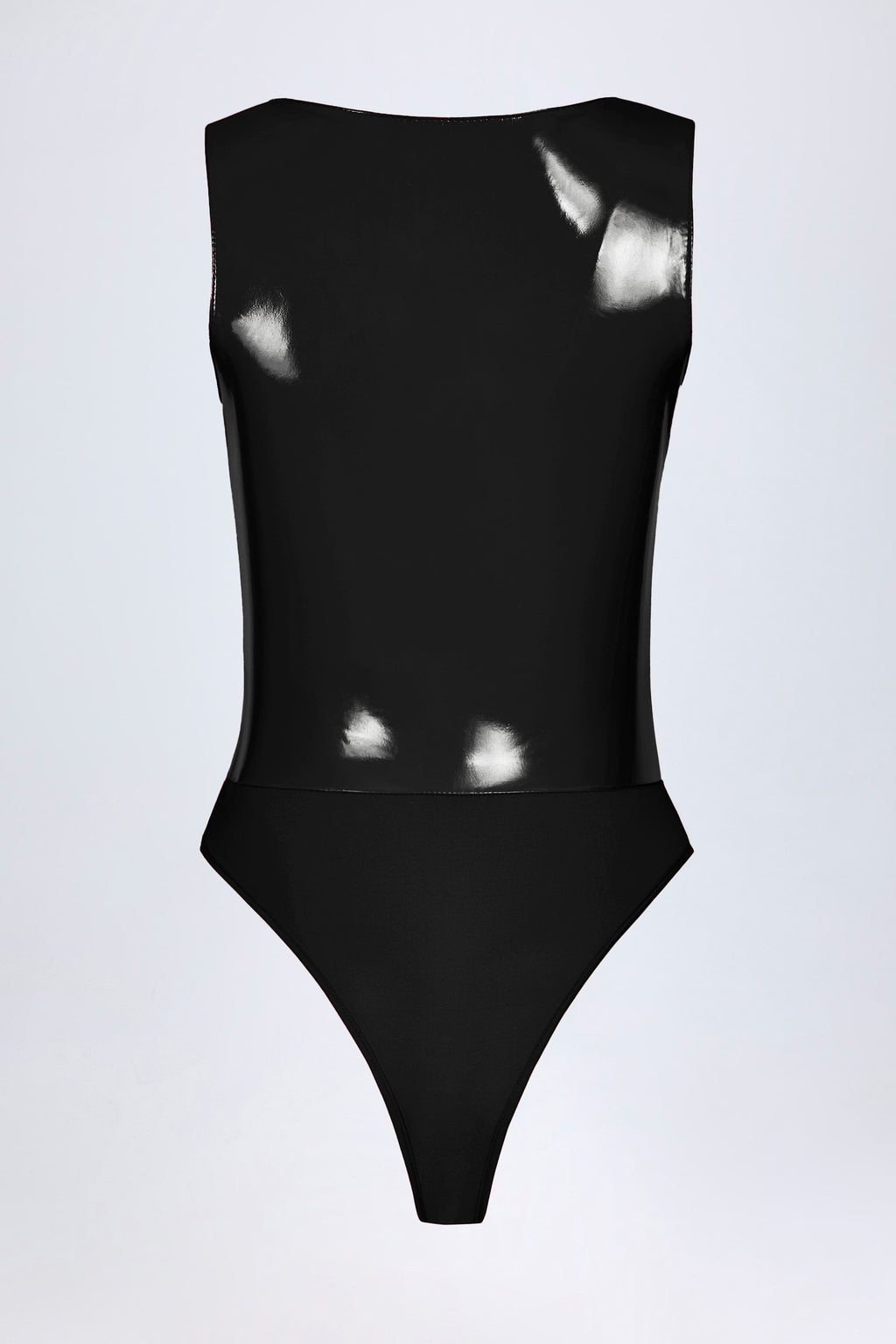 Glossy Vinyl Plunge-Neck Bodysuit in Black