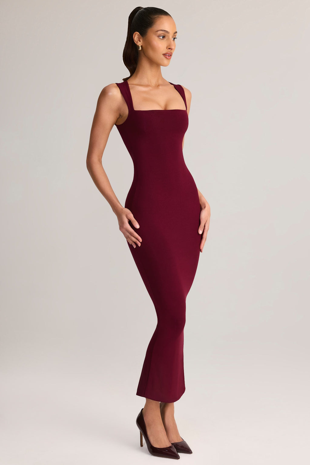Modal Square-Neck Bodycon Midi Dress in Wine