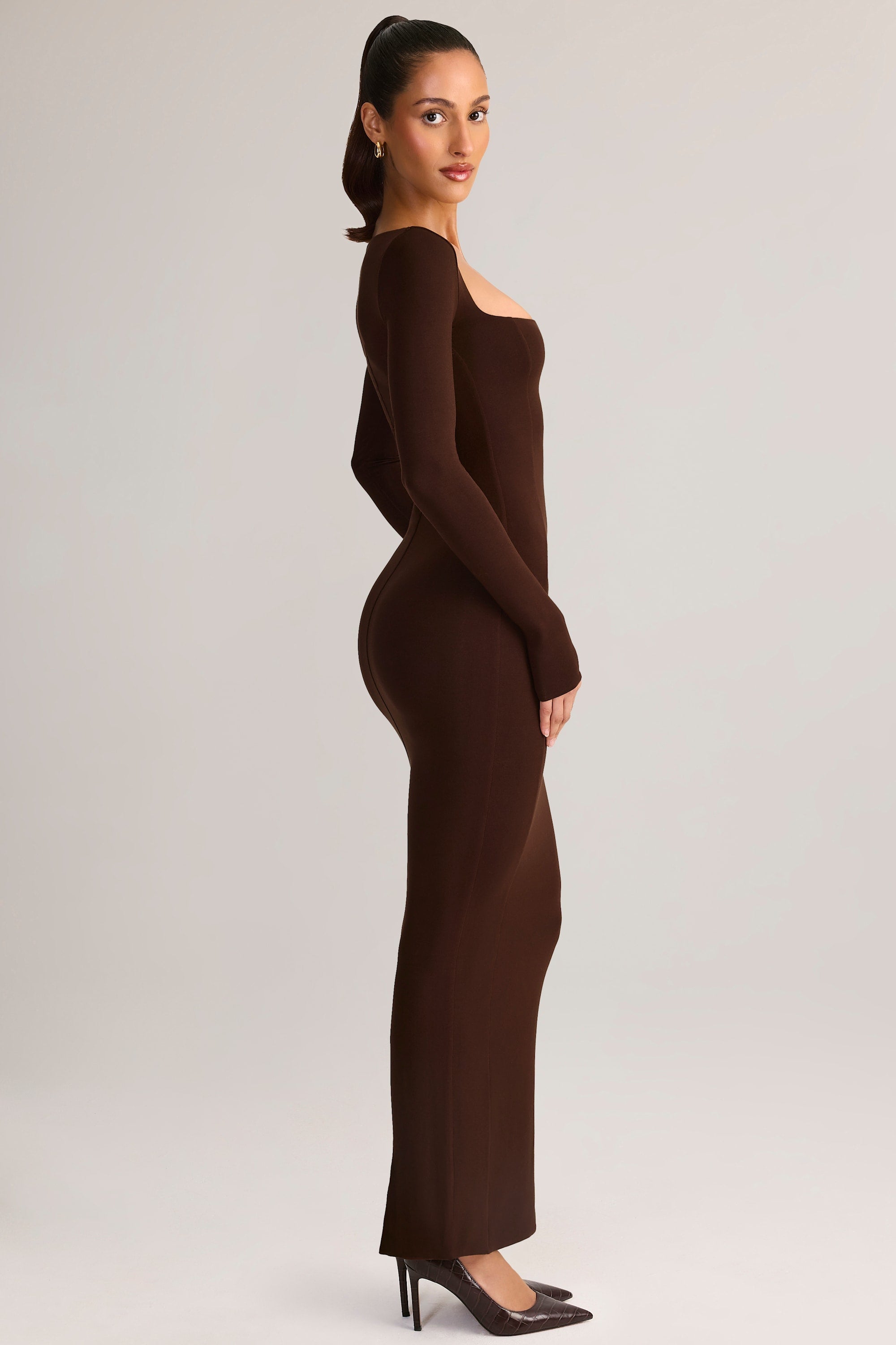 Modal Square-Neck Bodycon Maxi Dress in Chocolate Brown