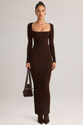 Modal Square-Neck Bodycon Maxi Dress in Chocolate Brown