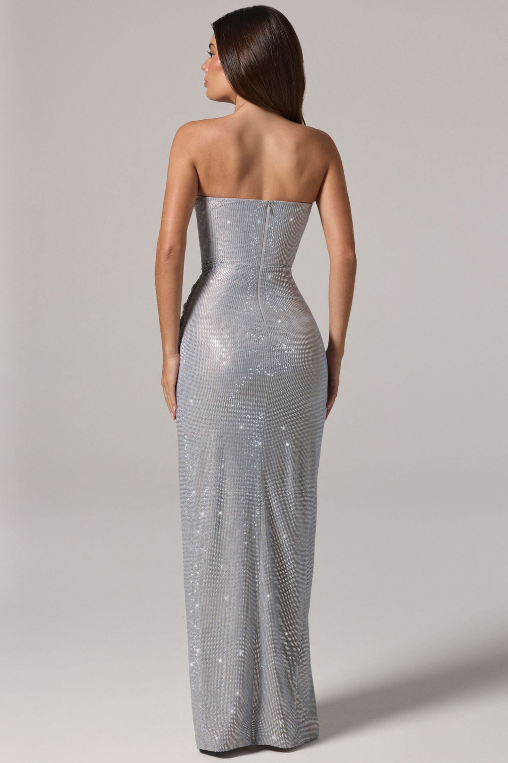 Embellished Bandeau Cowl-Waist Maxi Dress in Silver