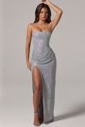 Embellished Bandeau Cowl-Waist Maxi Dress in Silver
