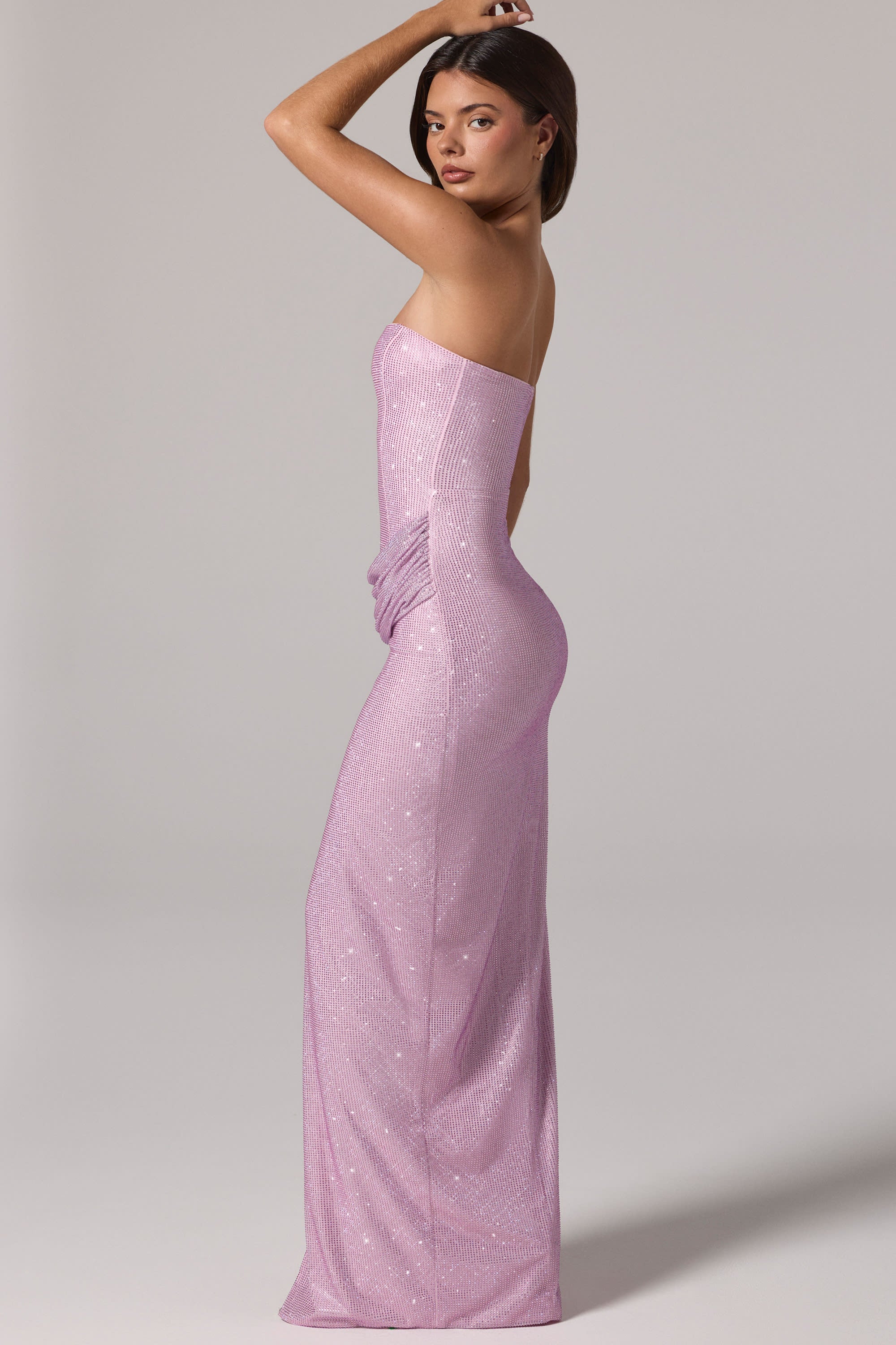 Embellished Bandeau Cowl-Waist Maxi Dress in Pink
