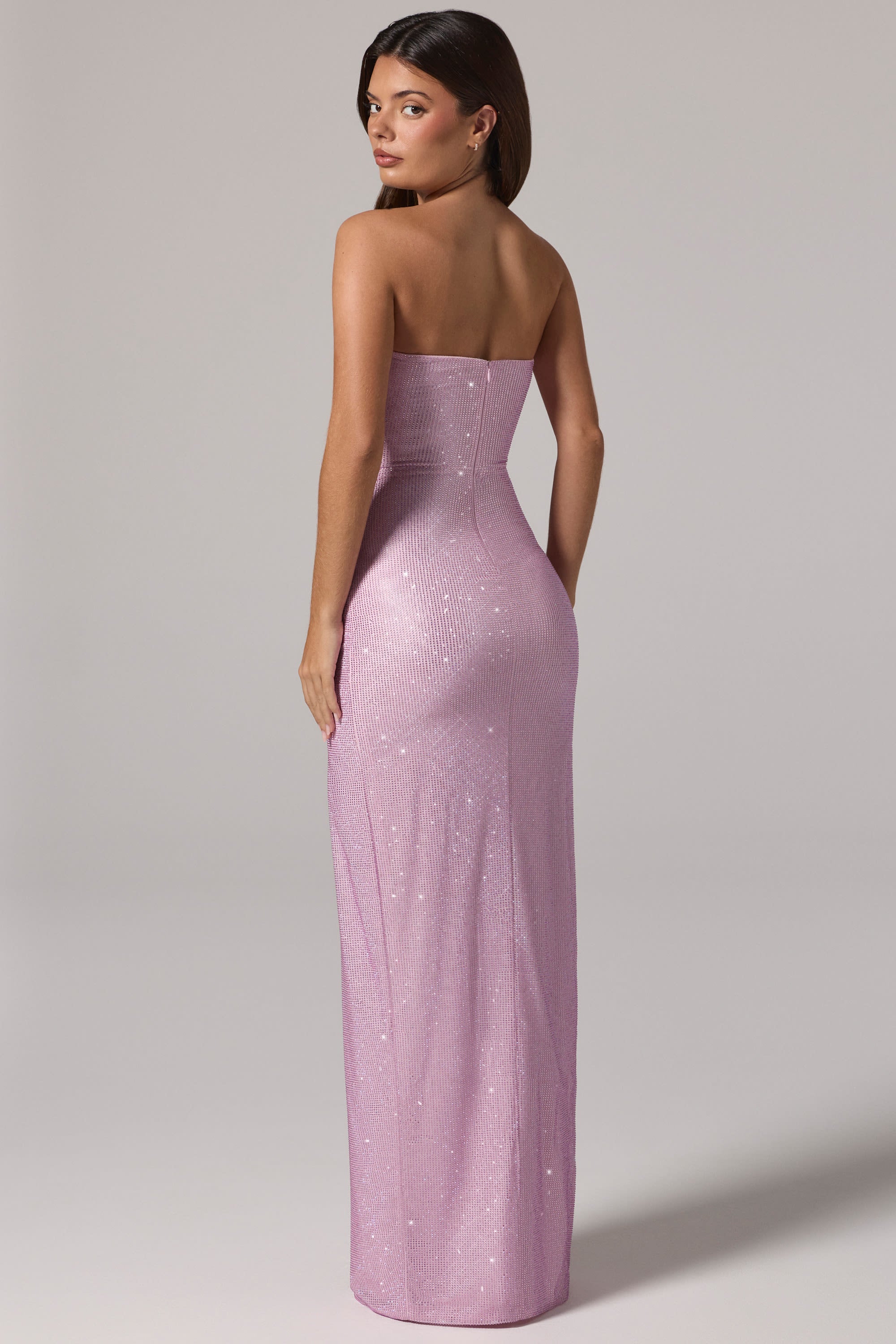 Embellished Bandeau Cowl-Waist Maxi Dress in Pink