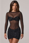 Sheer Embellished High-Neck Long Sleeve Mini Dress in Black