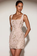Embellished Appliqué Corset Mini Dress in Pale Gold