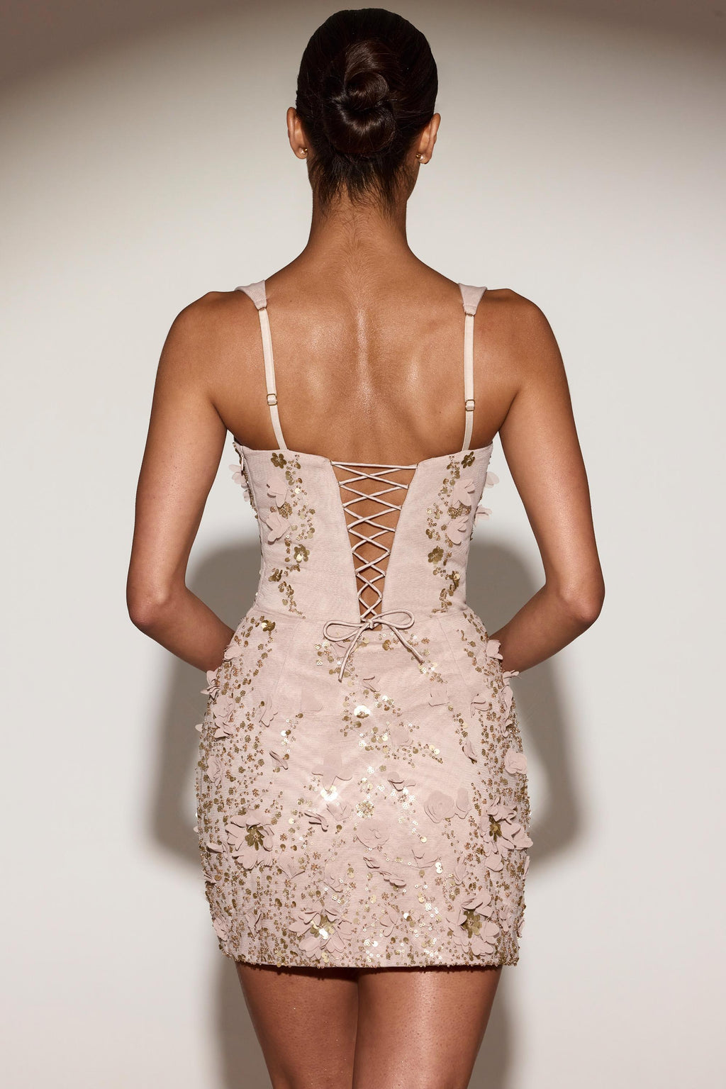 Embellished Appliqué Corset Mini Dress in Pale Gold