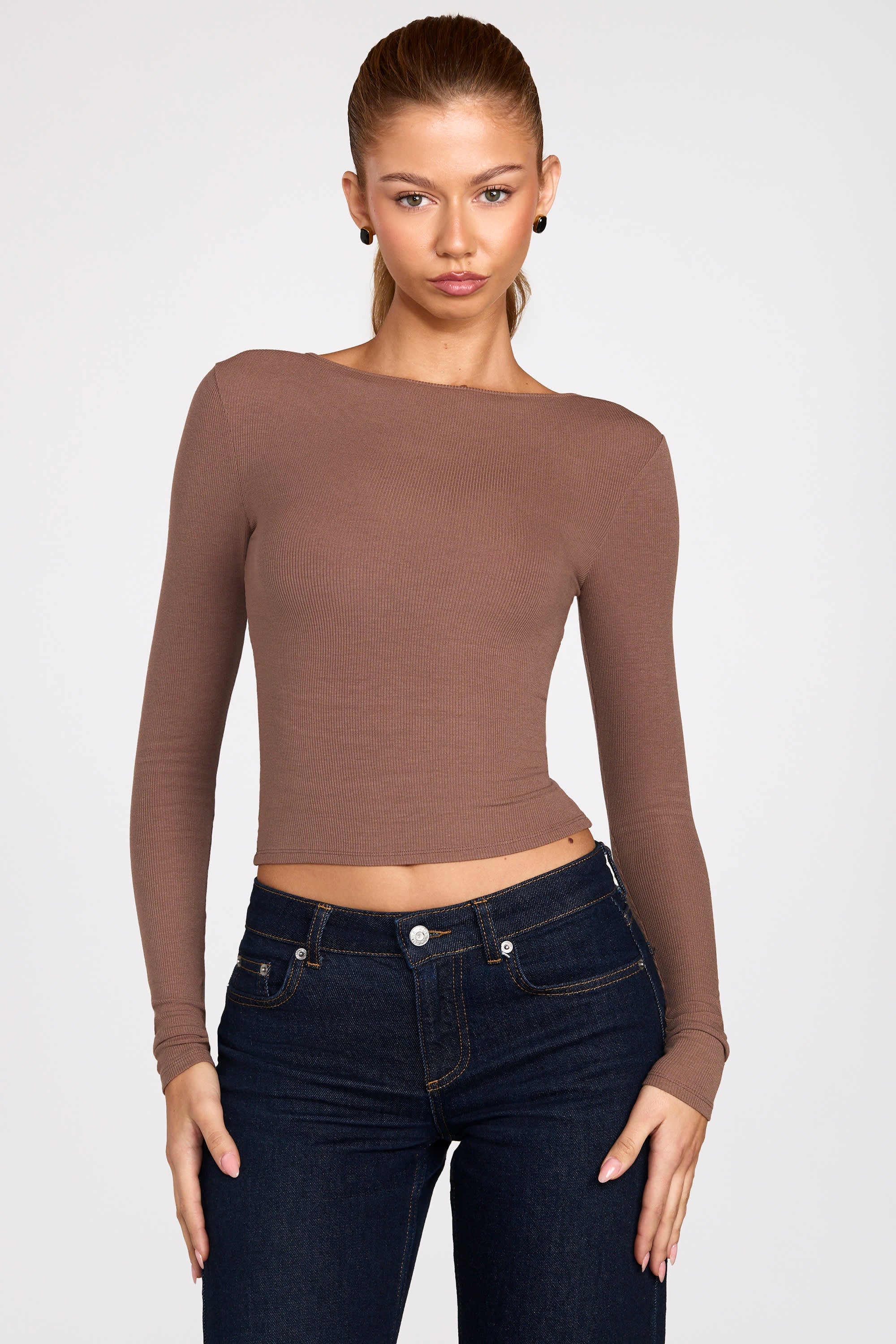 Ribbed Modal Ruched Long-Sleeve Top in Mocha