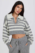Soft Knit Layered Collar Cropped Jumper in Grey Stripe