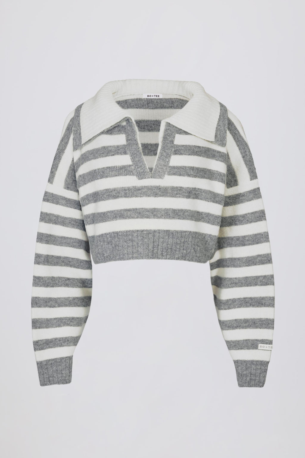 Soft Knit Layered Collar Cropped Jumper in Grey Stripe
