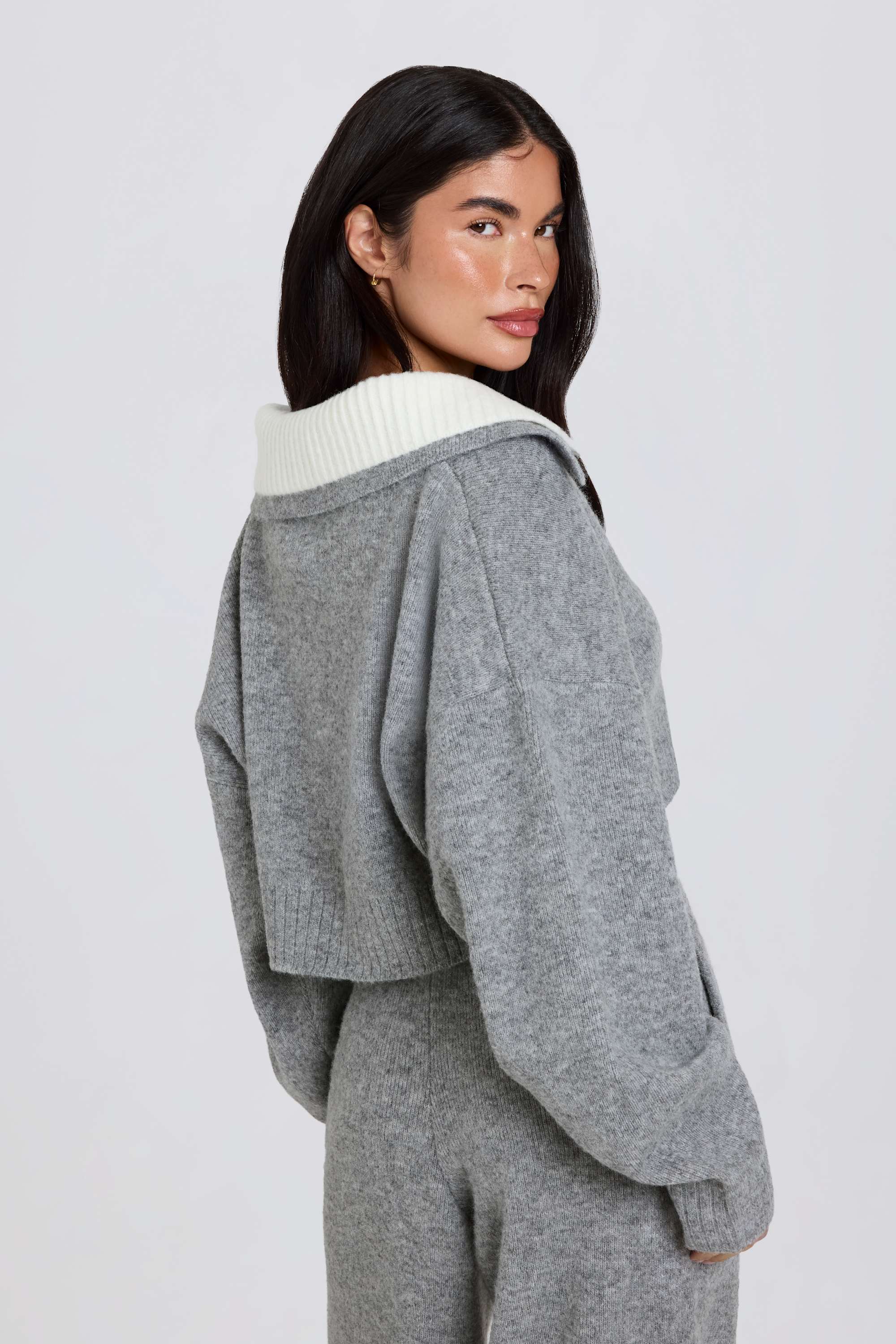 Soft Knit Layered Collar Cropped Jumper in Grey