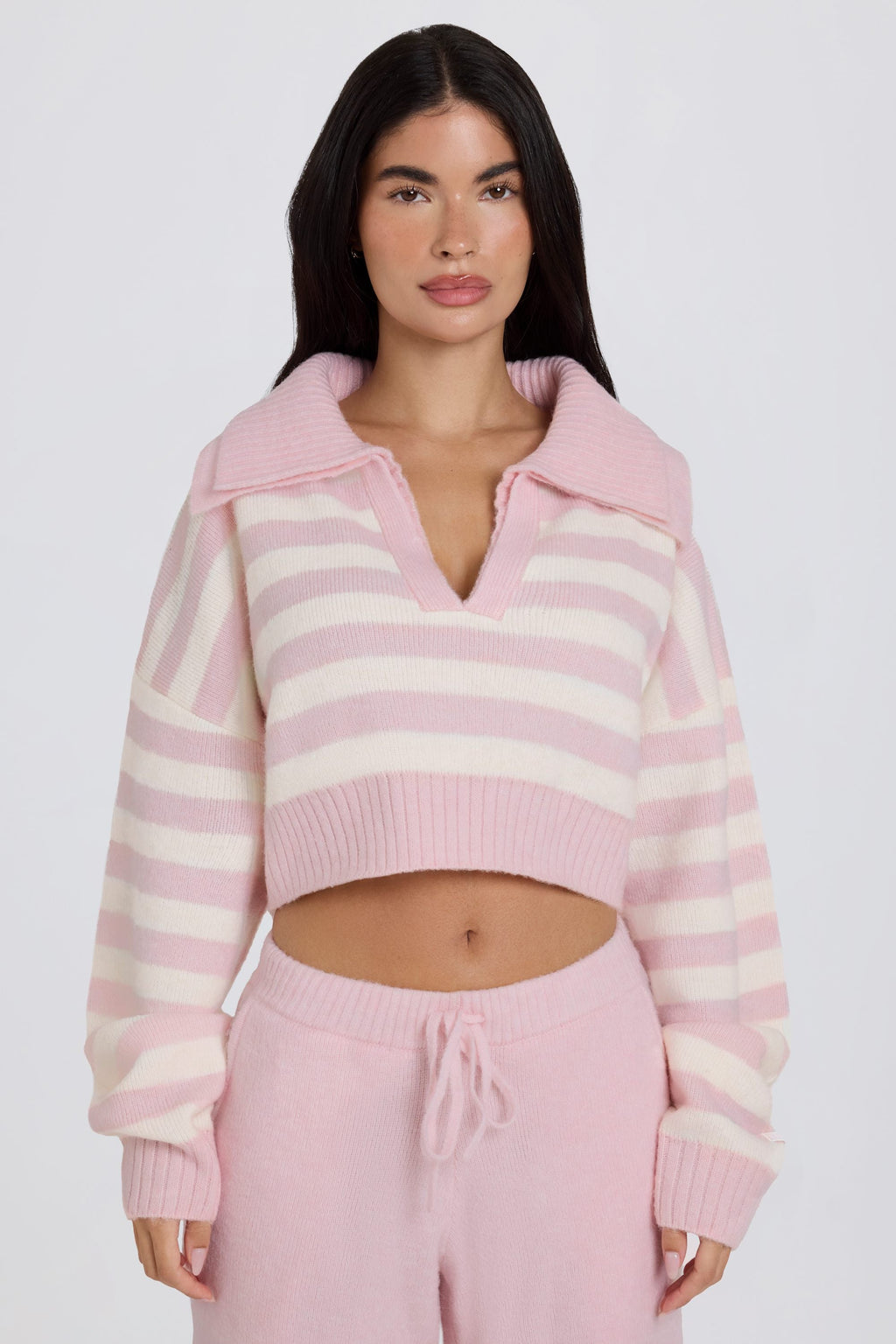 Soft Knit Layered Collar Cropped Jumper in Pink Stripe