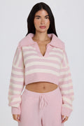Soft Knit Layered Collar Cropped Jumper in Pink Stripe