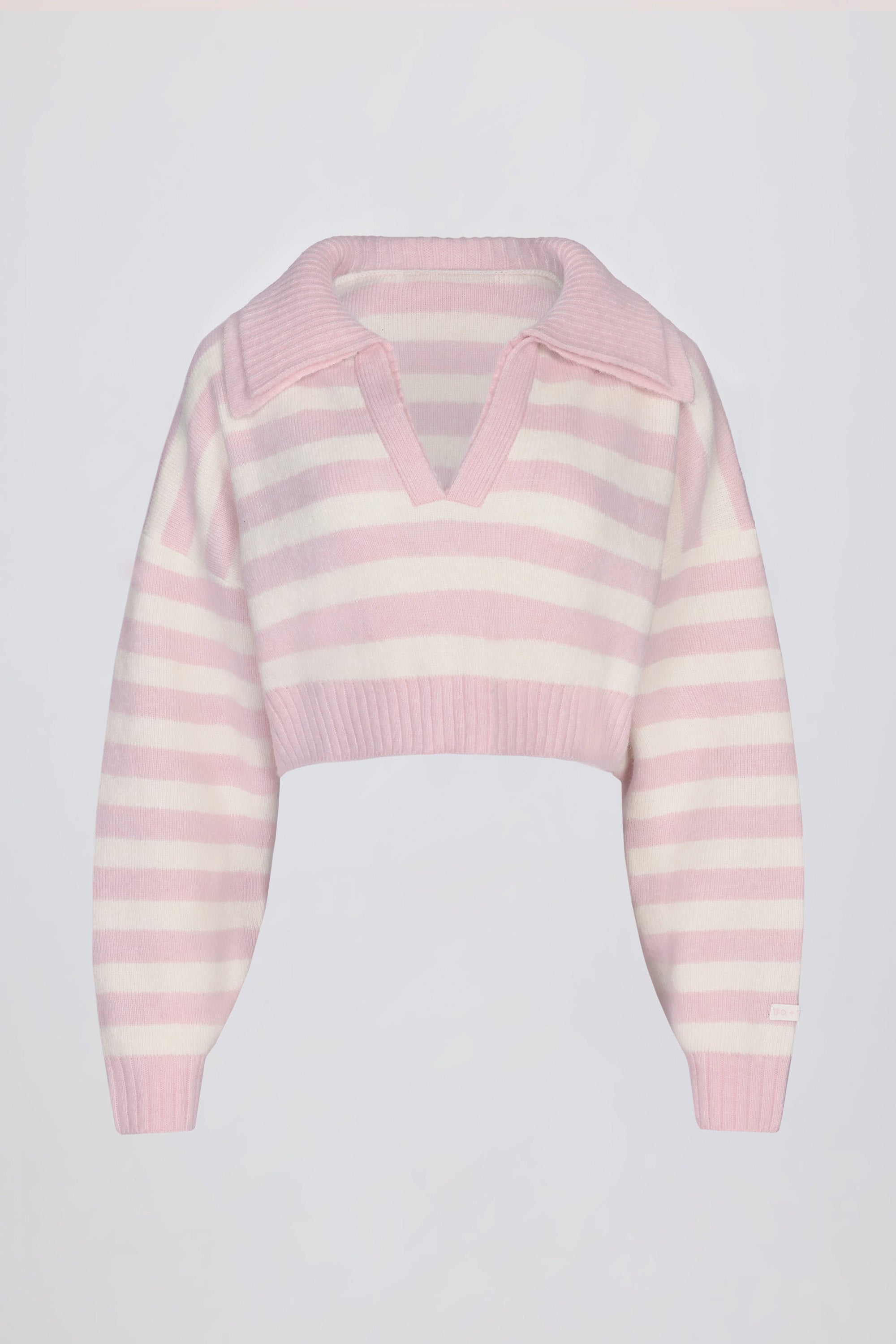 Soft Knit Layered Collar Cropped Jumper in Pink Stripe