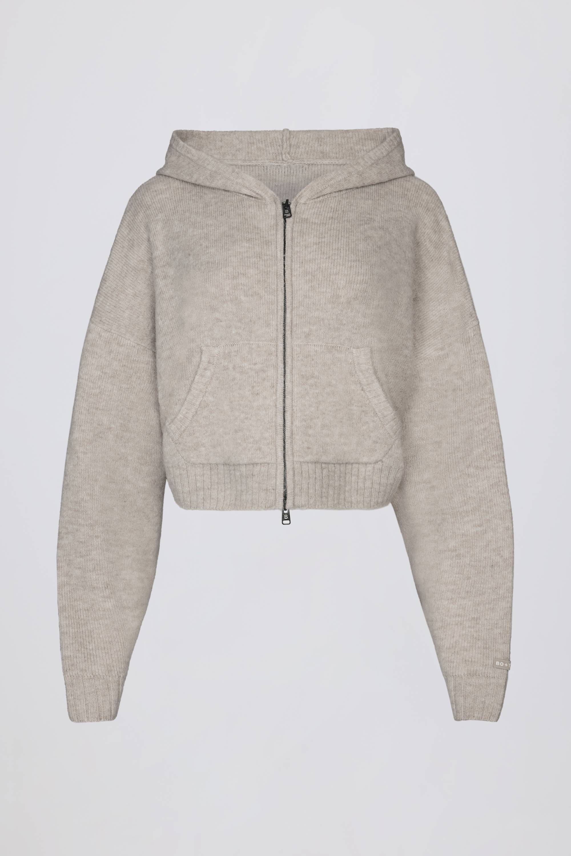 Soft Knit Zip-Up Cropped Hoodie in Beige