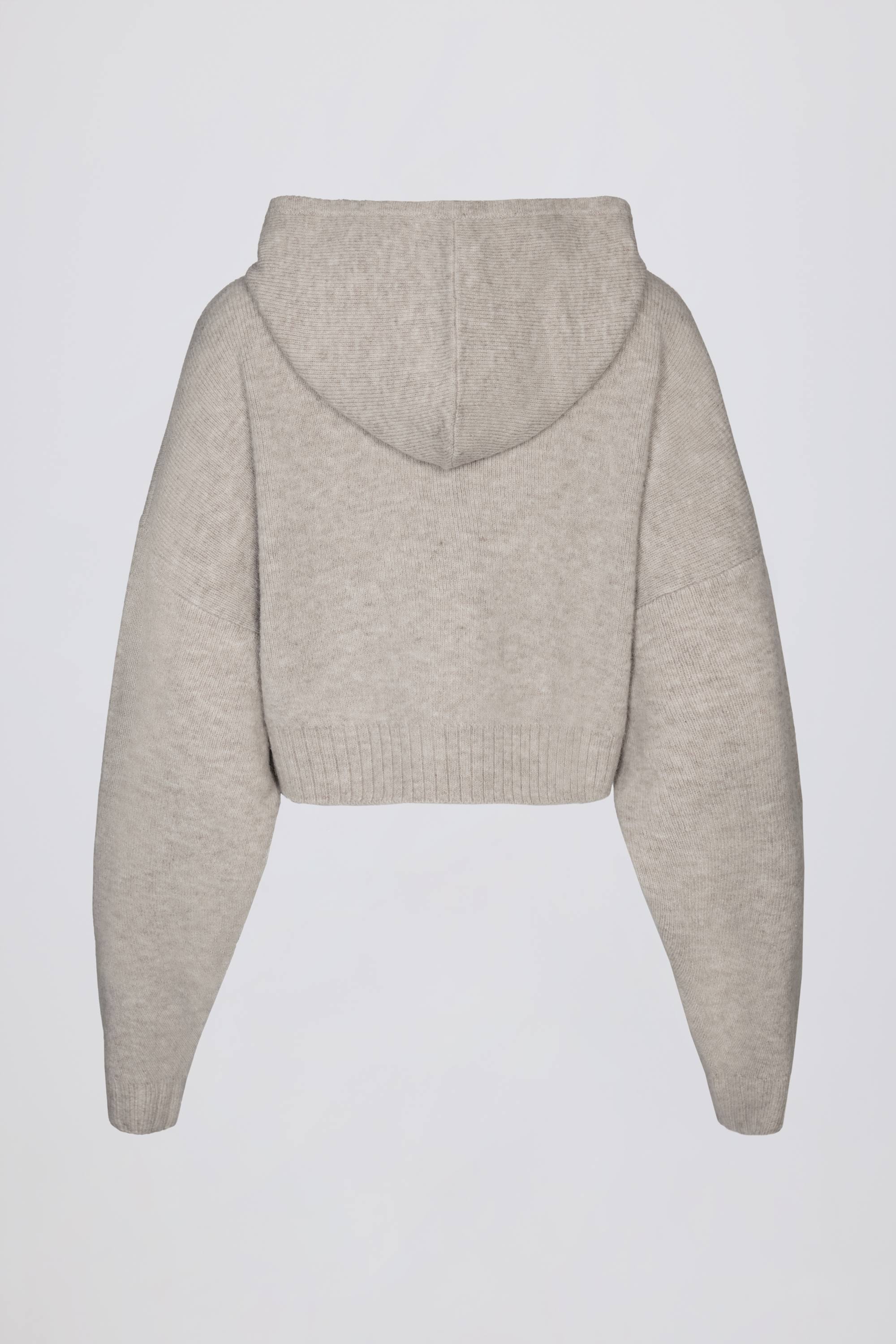 Soft Knit Zip-Up Cropped Hoodie in Beige