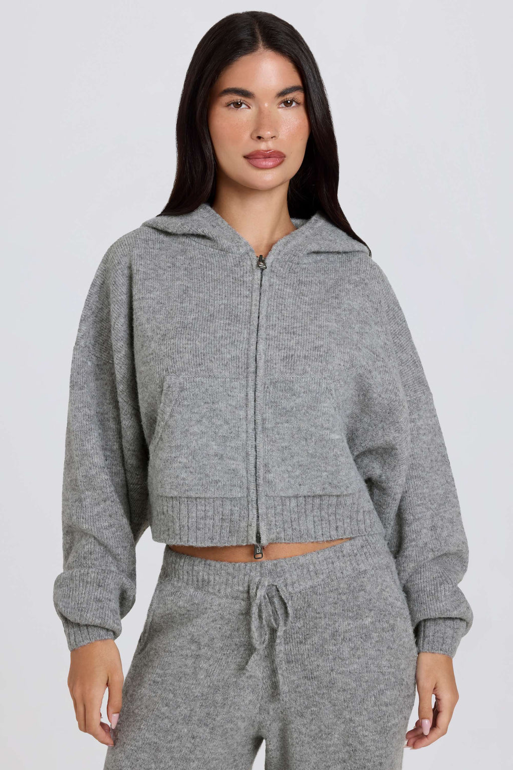 Soft Knit Zip-Up Cropped Hoodie in Grey