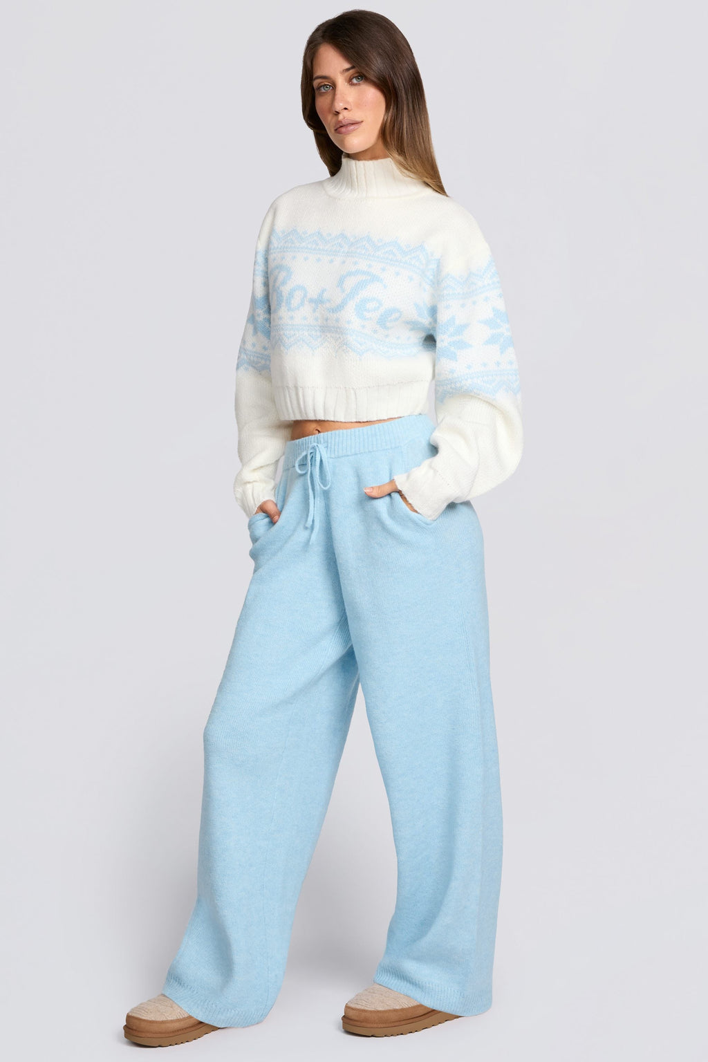 Knit Mid-Rise Wide-Leg Joggers in Powder Blue