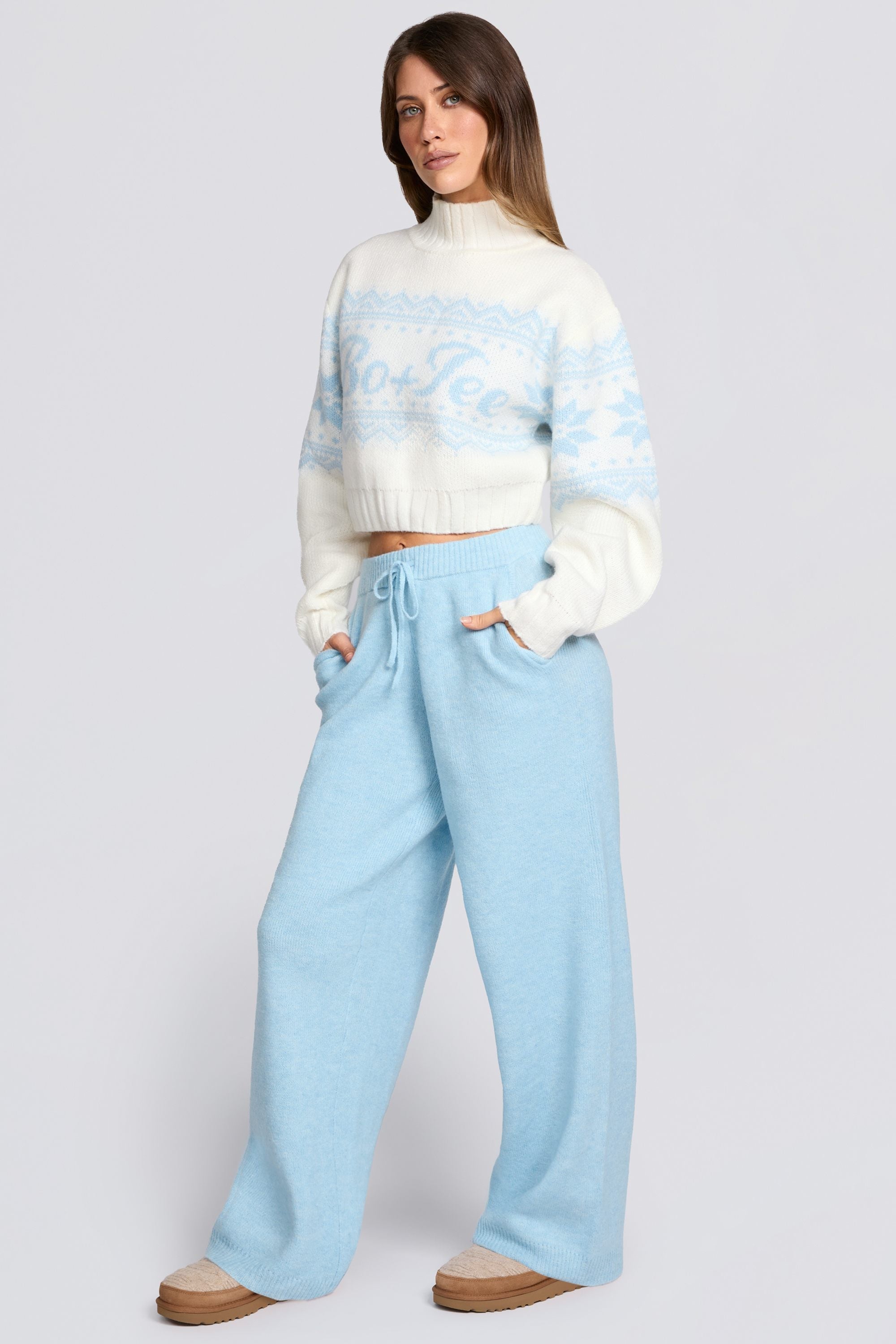 Knit Mid-Rise Wide-Leg Joggers in Powder Blue