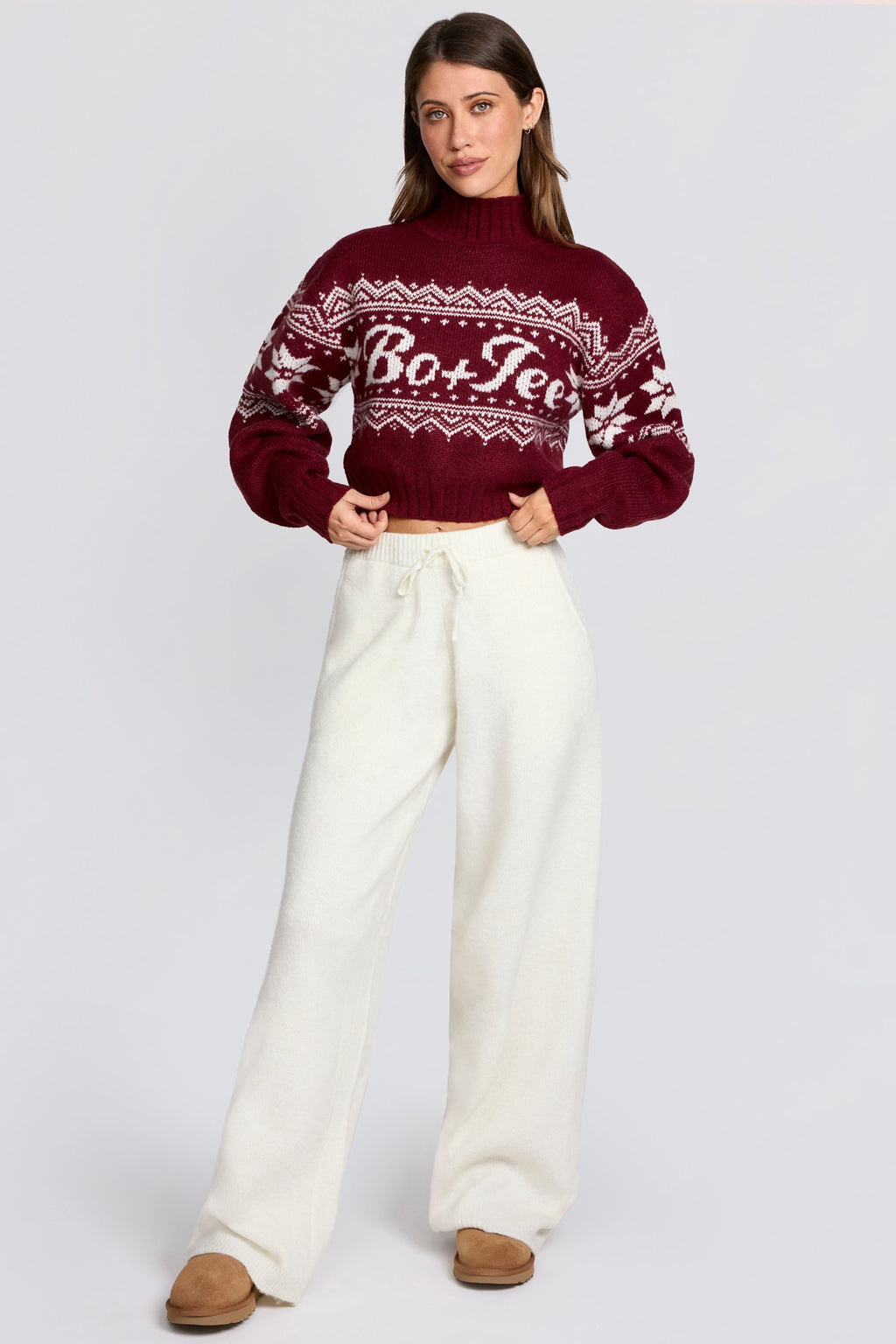 Knit Mid-Rise Wide-Leg Joggers in Ivory