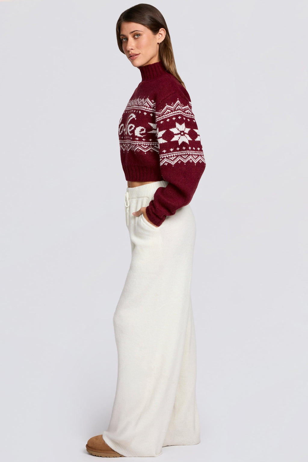 Knit Mid-Rise Wide-Leg Joggers in Ivory