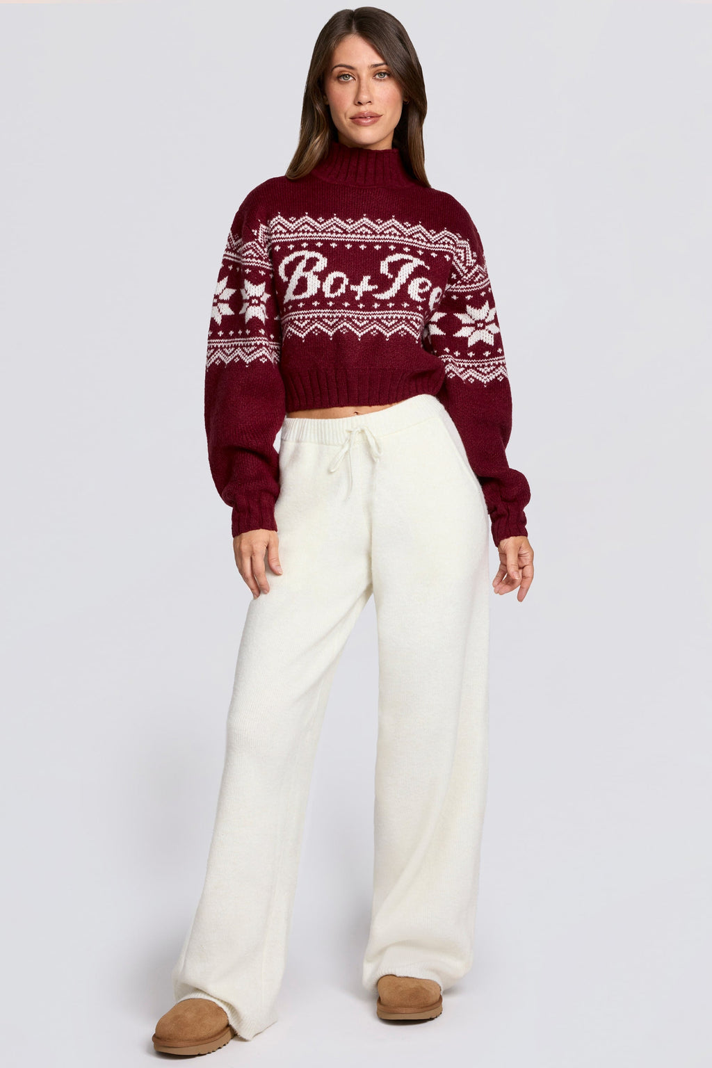 Knit Mid-Rise Wide-Leg Joggers in Ivory