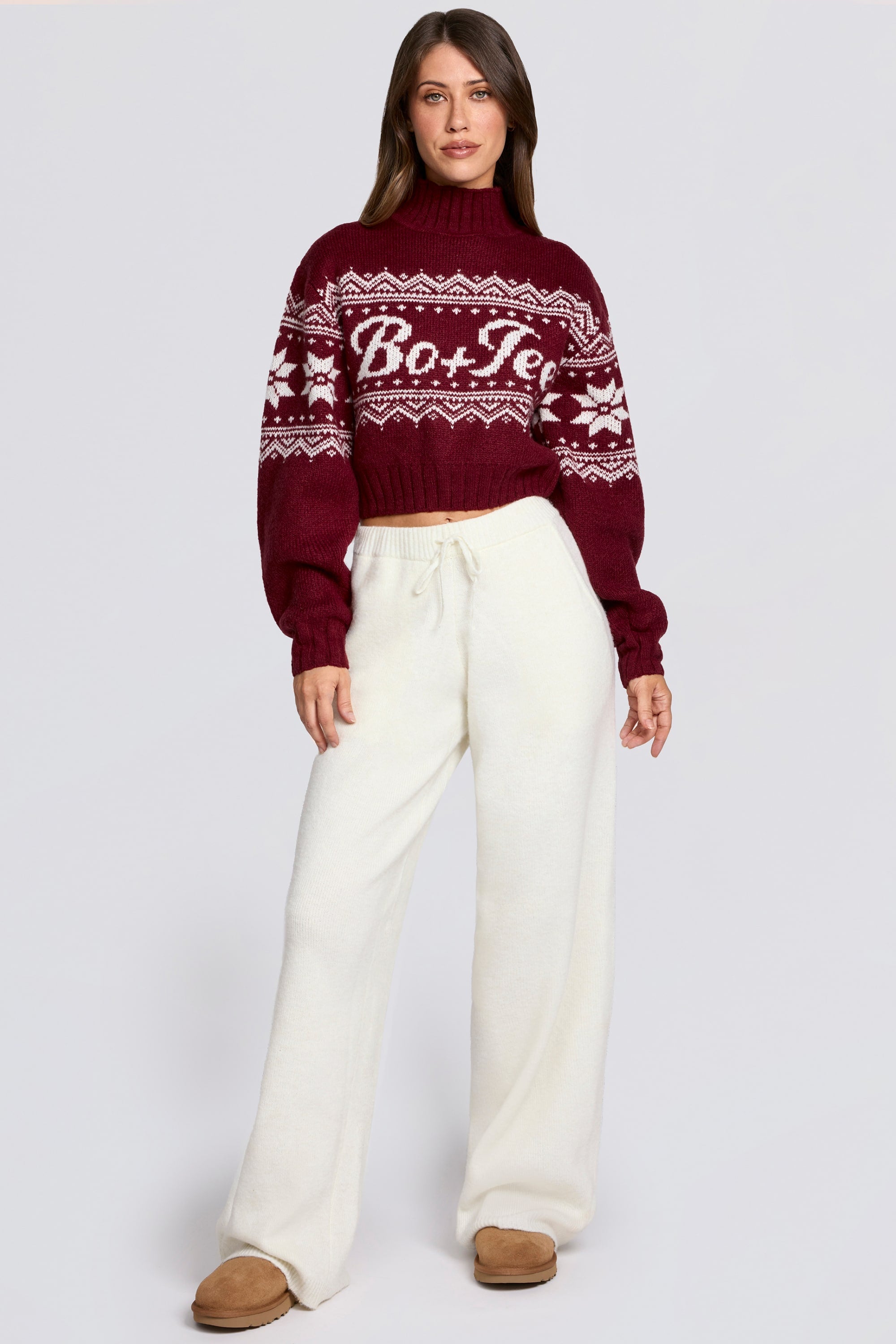 Knit Mid-Rise Wide-Leg Joggers in Ivory