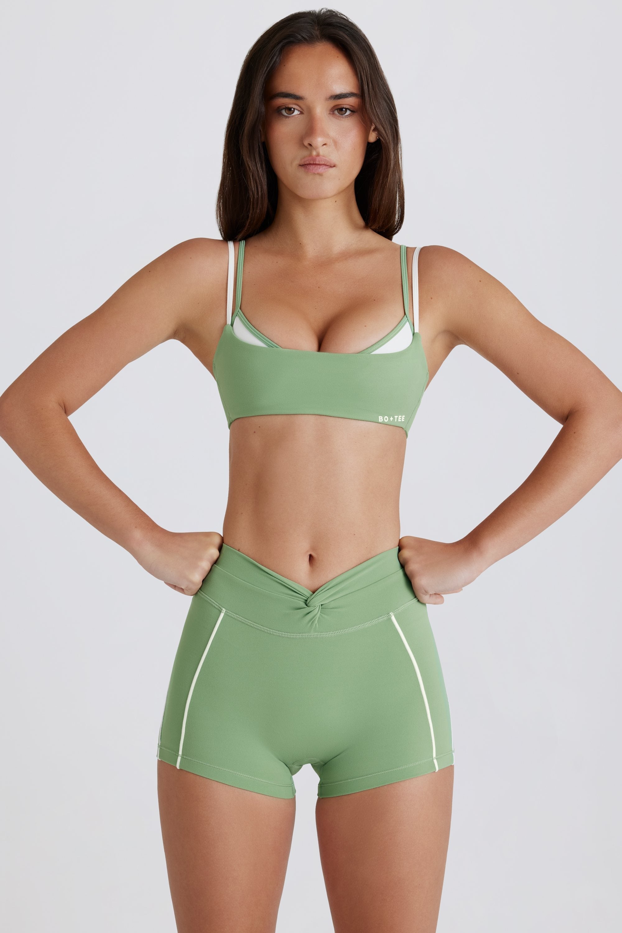 Soft Active Twist-Front Mini Shorts in Green
