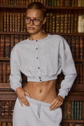 Premium Brushed Jersey Button-Up Cropped Cardigan in Grey Marl