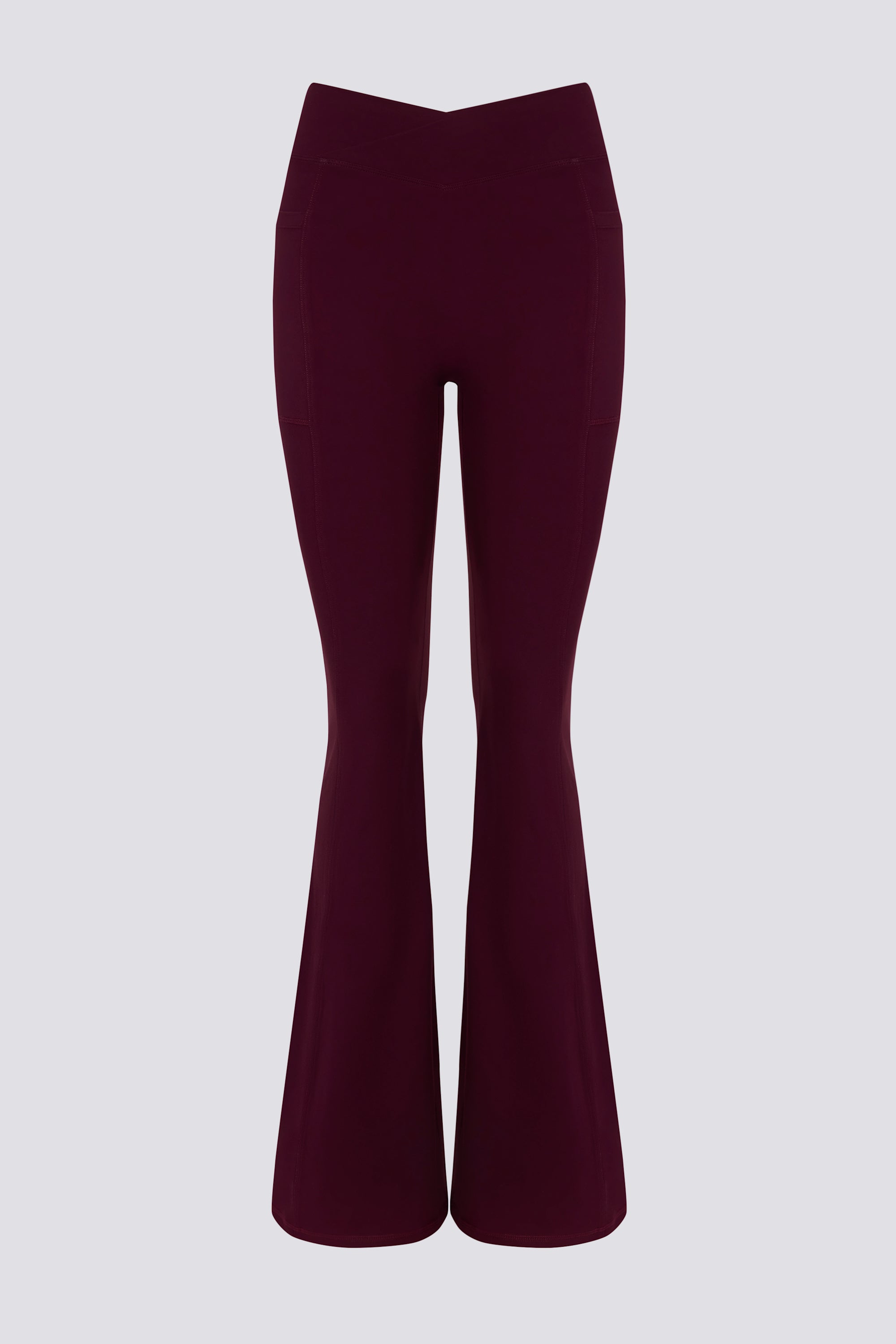 Soft Active V-Waist Pocket Flared Leggings in Burgundy